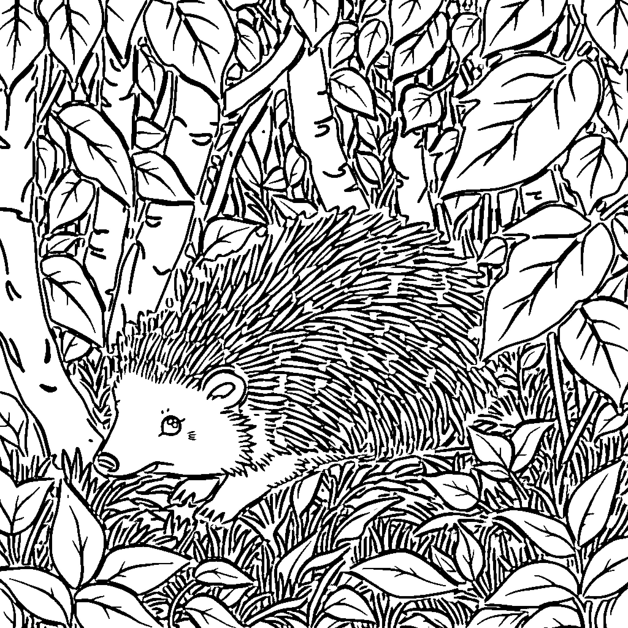 Hedgehog hiding in the foliage Coloring Page (free black-and-white line drawing printable PDF for all, from beginners to advanced learners, including children, teens, adults, and seniors)