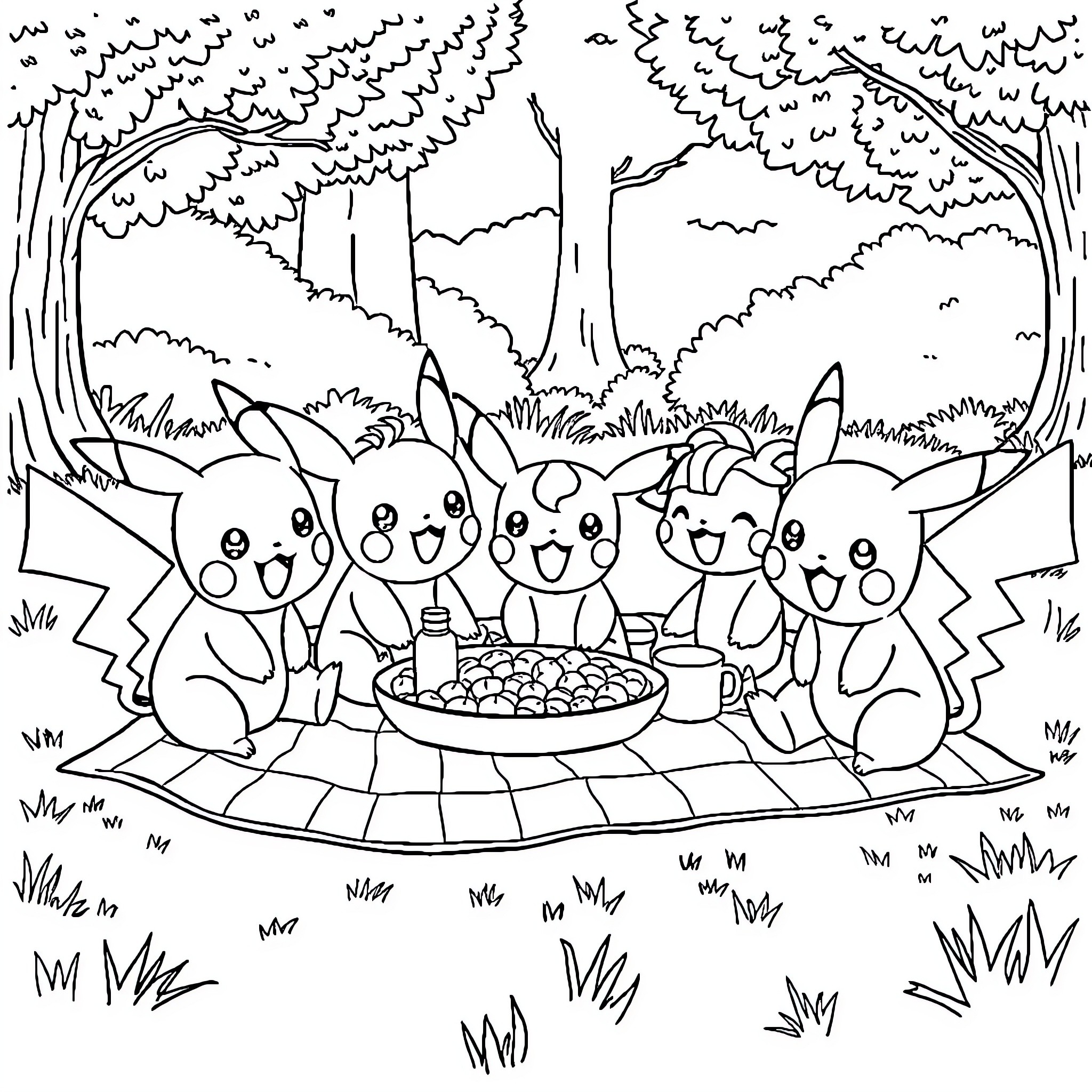 Pokémon enjoying a picnic in the forest Coloring Page (free black-and-white line drawing printable PDF for all, from beginners to advanced learners, including children, teens, adults, and seniors)