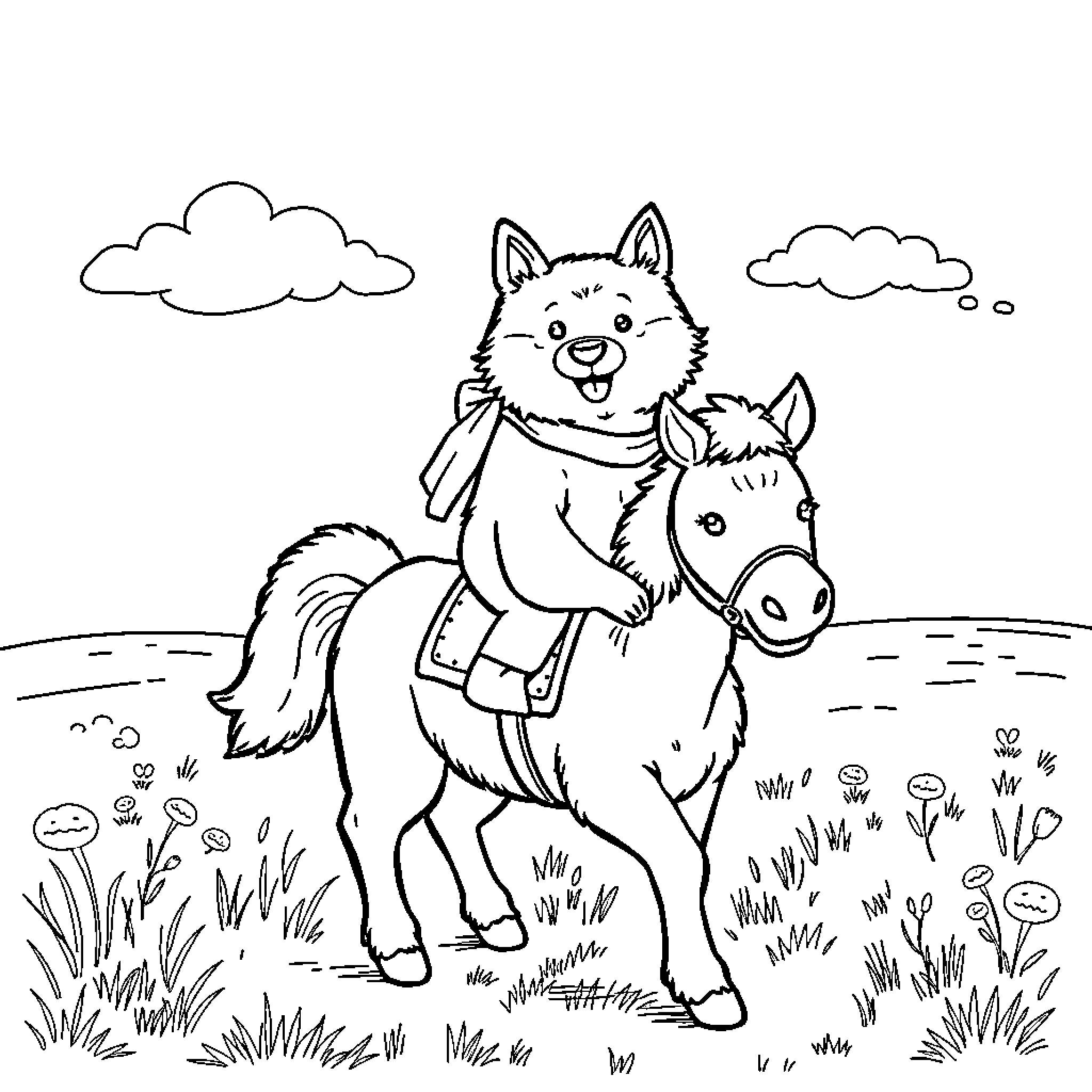 Shiba Inu riding a pony in a field Coloring Page (free black-and-white line drawing printable PDF for all, from beginners to advanced learners, including children, teens, adults, and seniors)