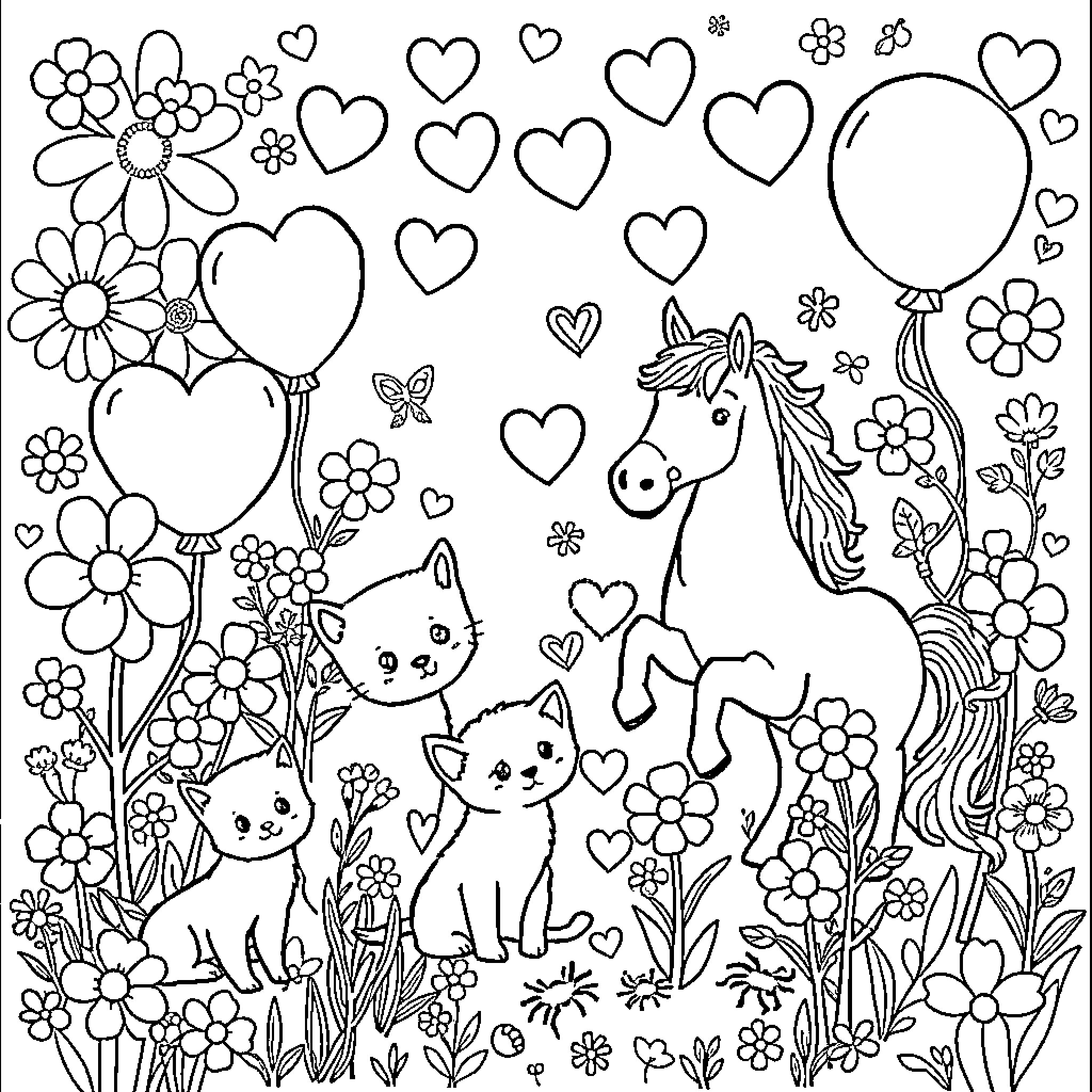 Animal friends surrounded by flowers and hearts Coloring Page (free black-and-white line drawing printable PDF for all, from beginners to advanced learners, including children, teens, adults, and seniors)