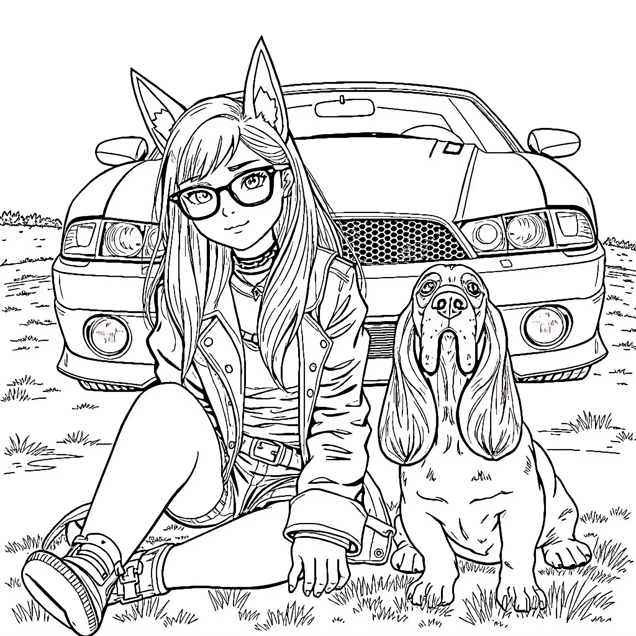 Husky girl and her furry companion in nature Coloring Page (free black-and-white line drawing printable PDF for all, from beginners to advanced learners, including children, teens, adults, and seniors)