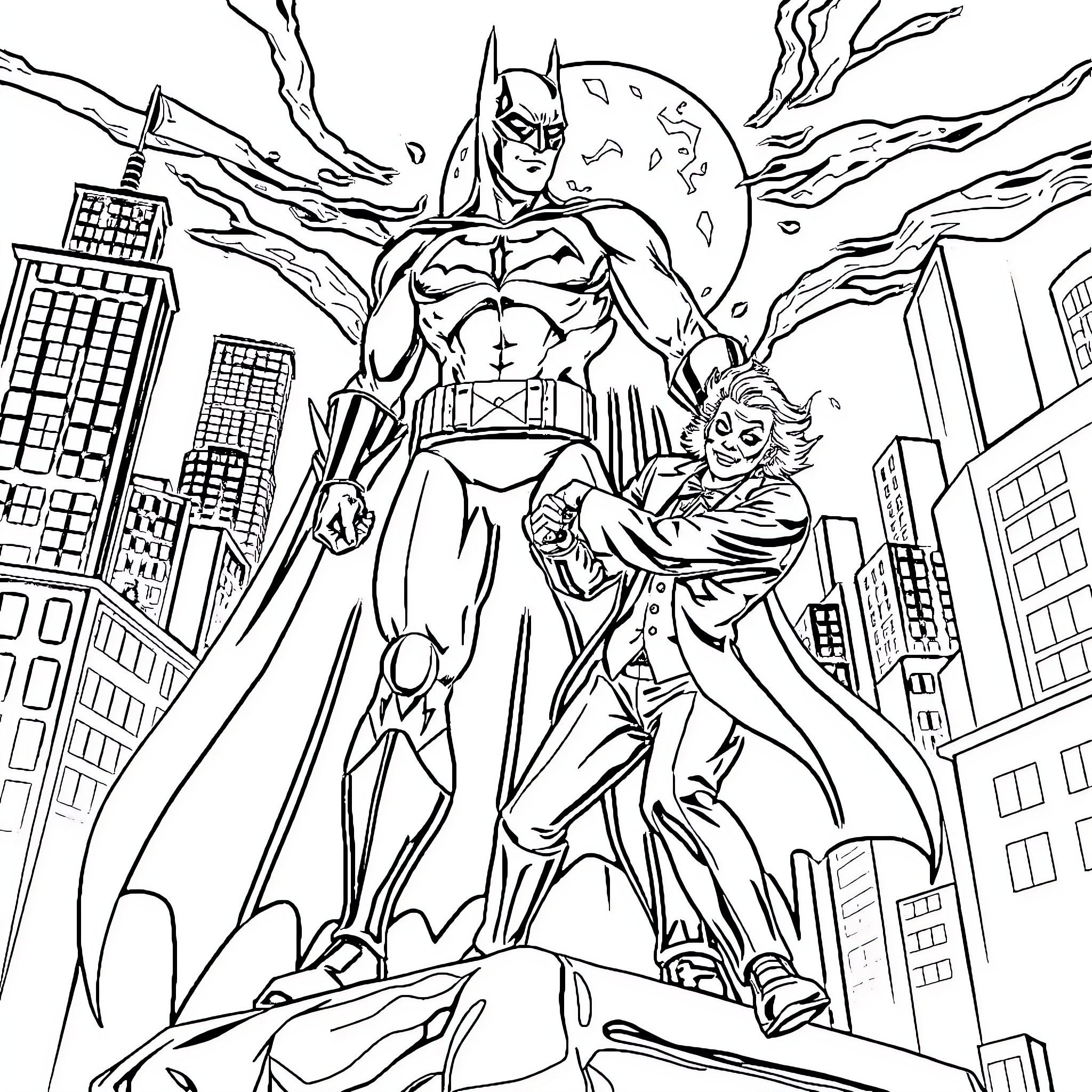 Batman heroically saving a civilian in a dramatic cityscape Coloring Page (free black-and-white line drawing printable PDF for all, from beginners to advanced learners, including children, teens, adults, and seniors)