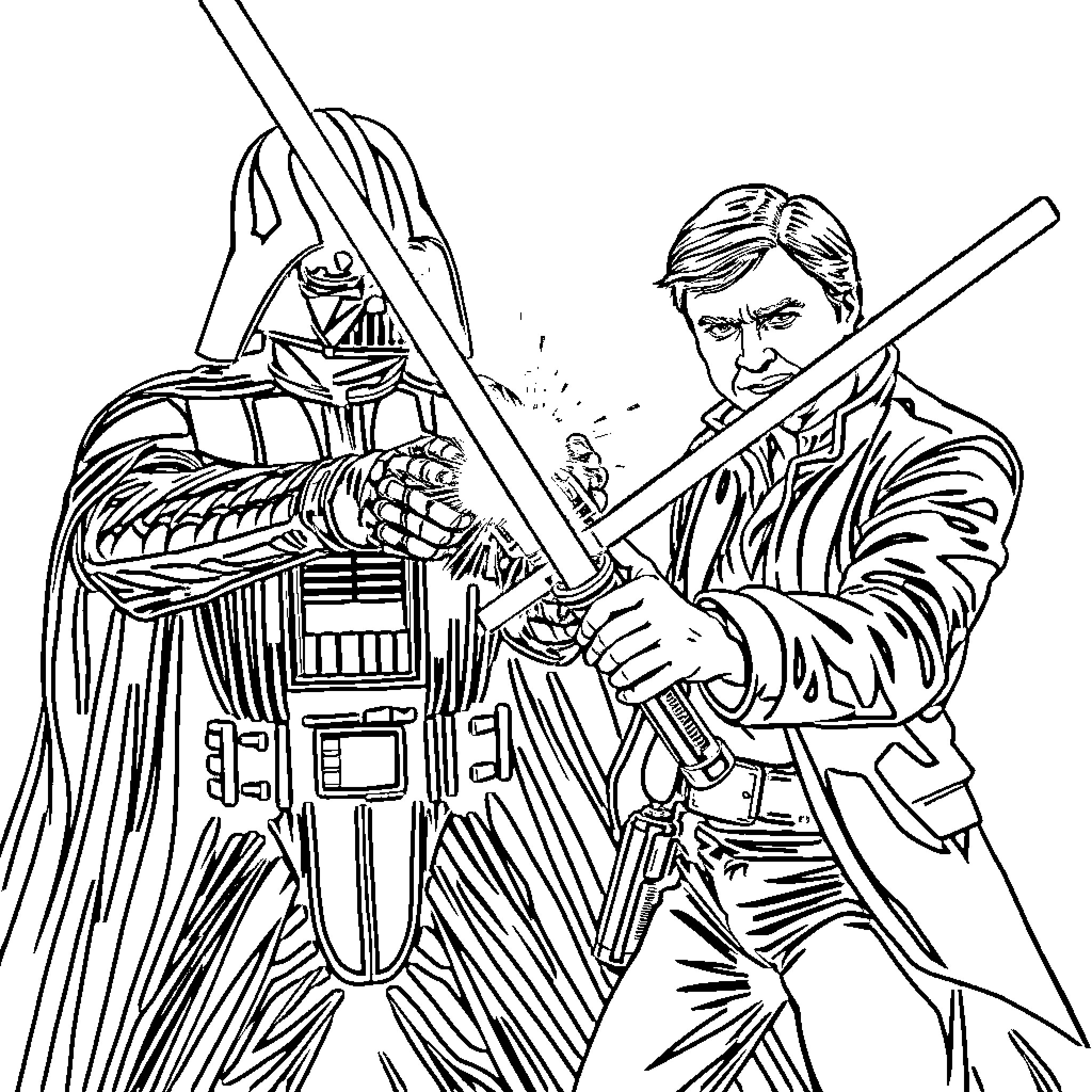 Darth Vader and Luke Skywalker engage in lightsaber duel Coloring Page (free black-and-white line drawing printable PDF for all, from beginners to advanced learners, including children, teens, adults, and seniors)