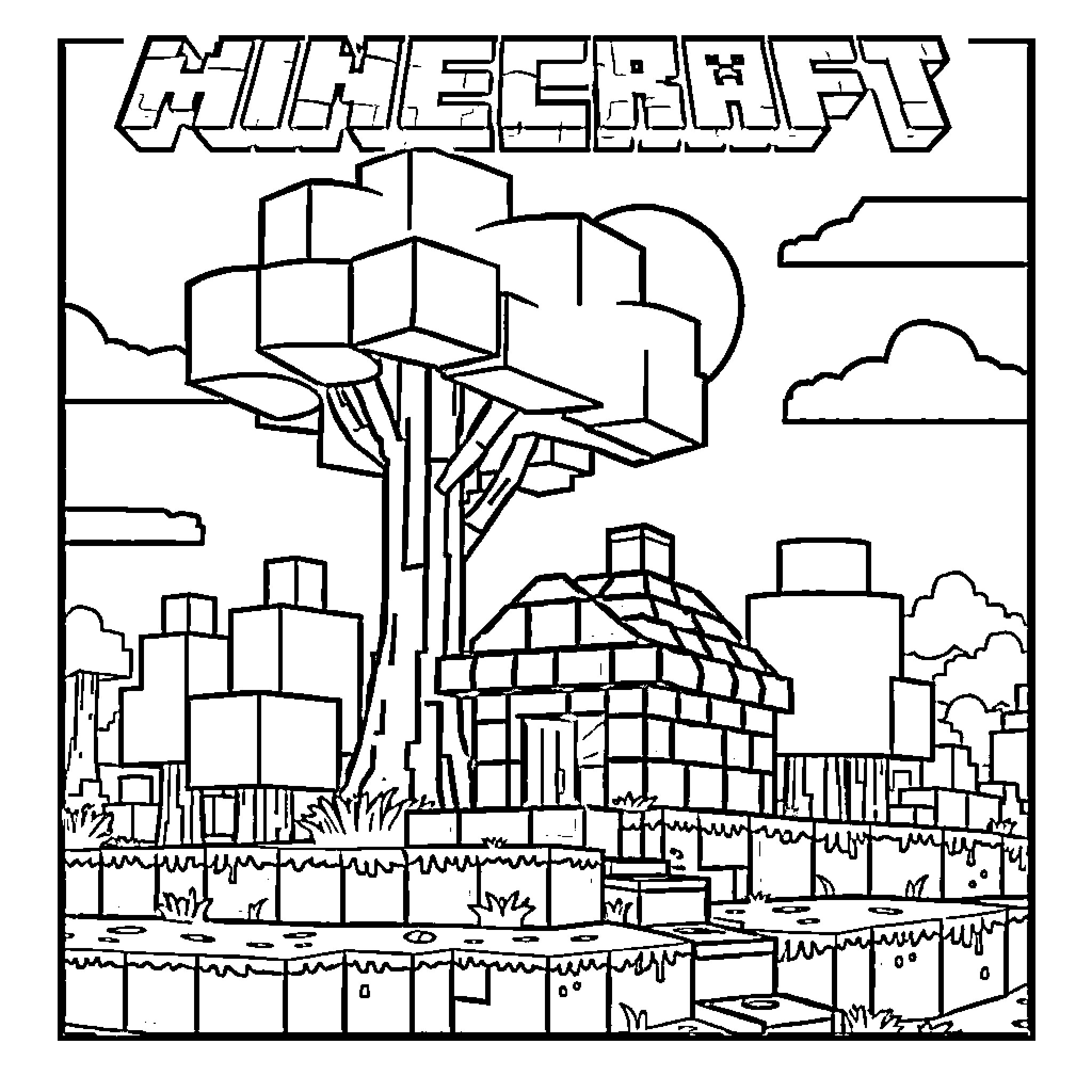 Minecraft Cityscape with Geometric Structures Coloring Page (free black-and-white line drawing printable PDF for all, from beginners to advanced learners, including children, teens, adults, and seniors)