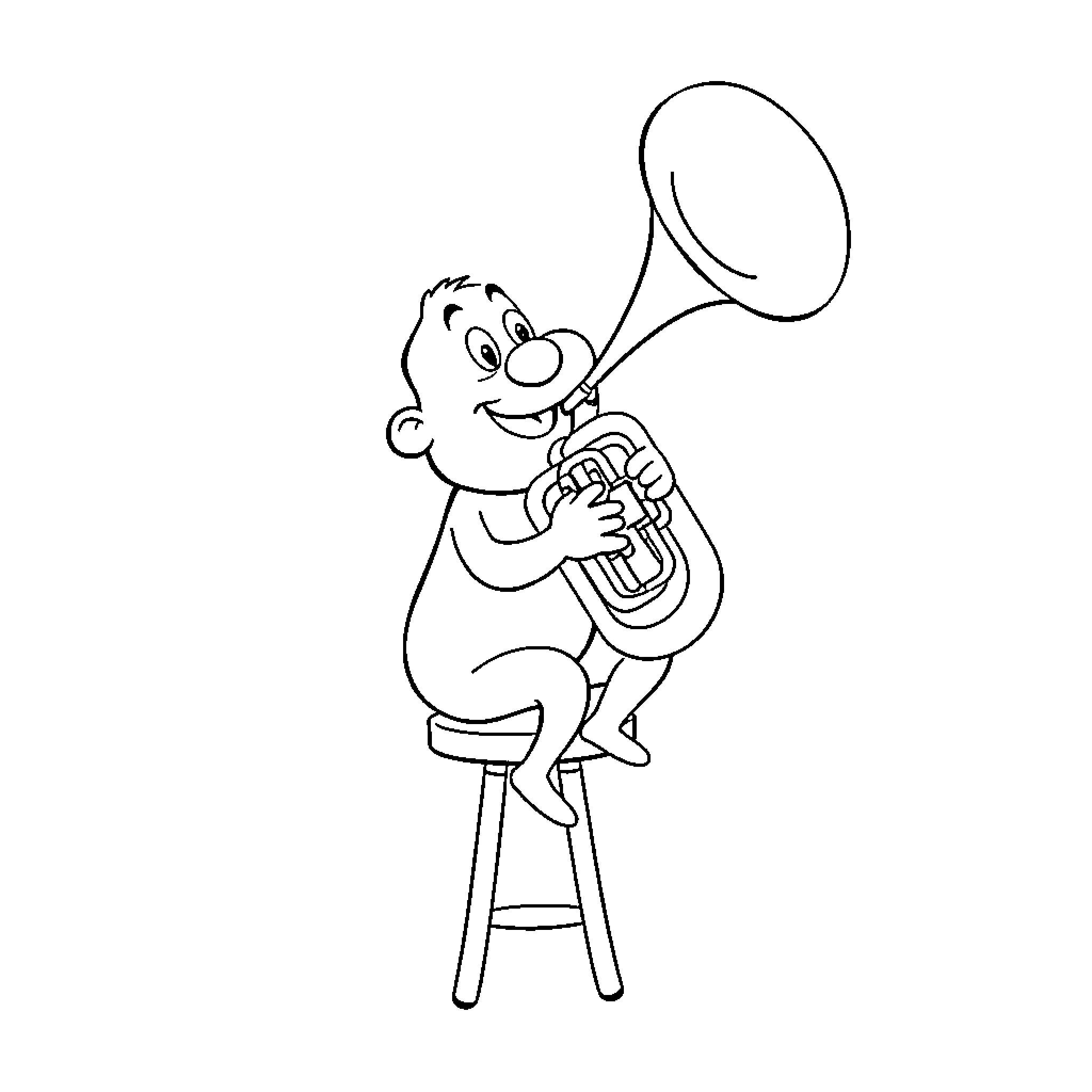 Pat Playing Joyfully with Tuba Coloring Page (free black-and-white line drawing printable PDF for all, from beginners to advanced learners, including children, teens, adults, and seniors)