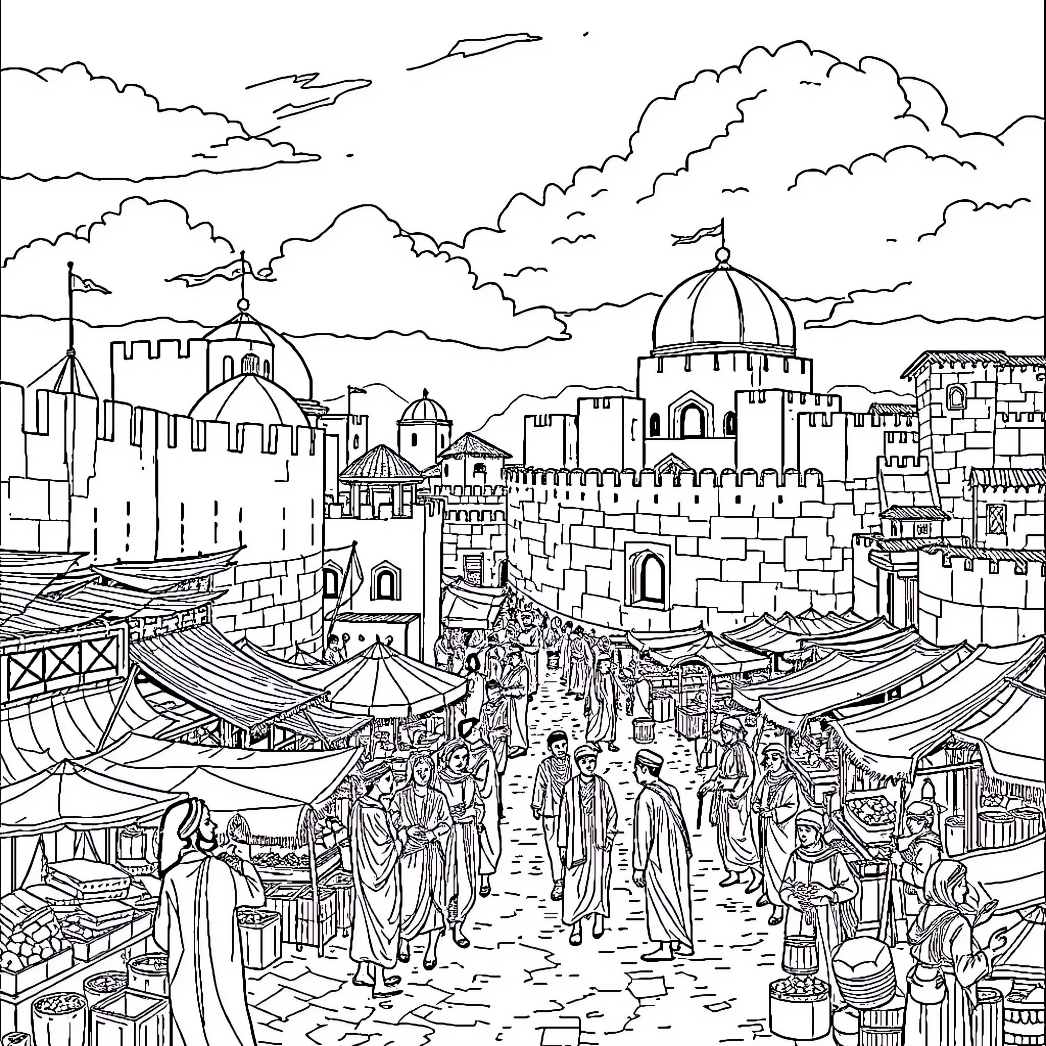 Hausa Kingdom marketplace with bustling crowds and vibrant architecture Coloring Page (free black-and-white line drawing printable PDF for all, from beginners to advanced learners, including children, teens, adults, and seniors)