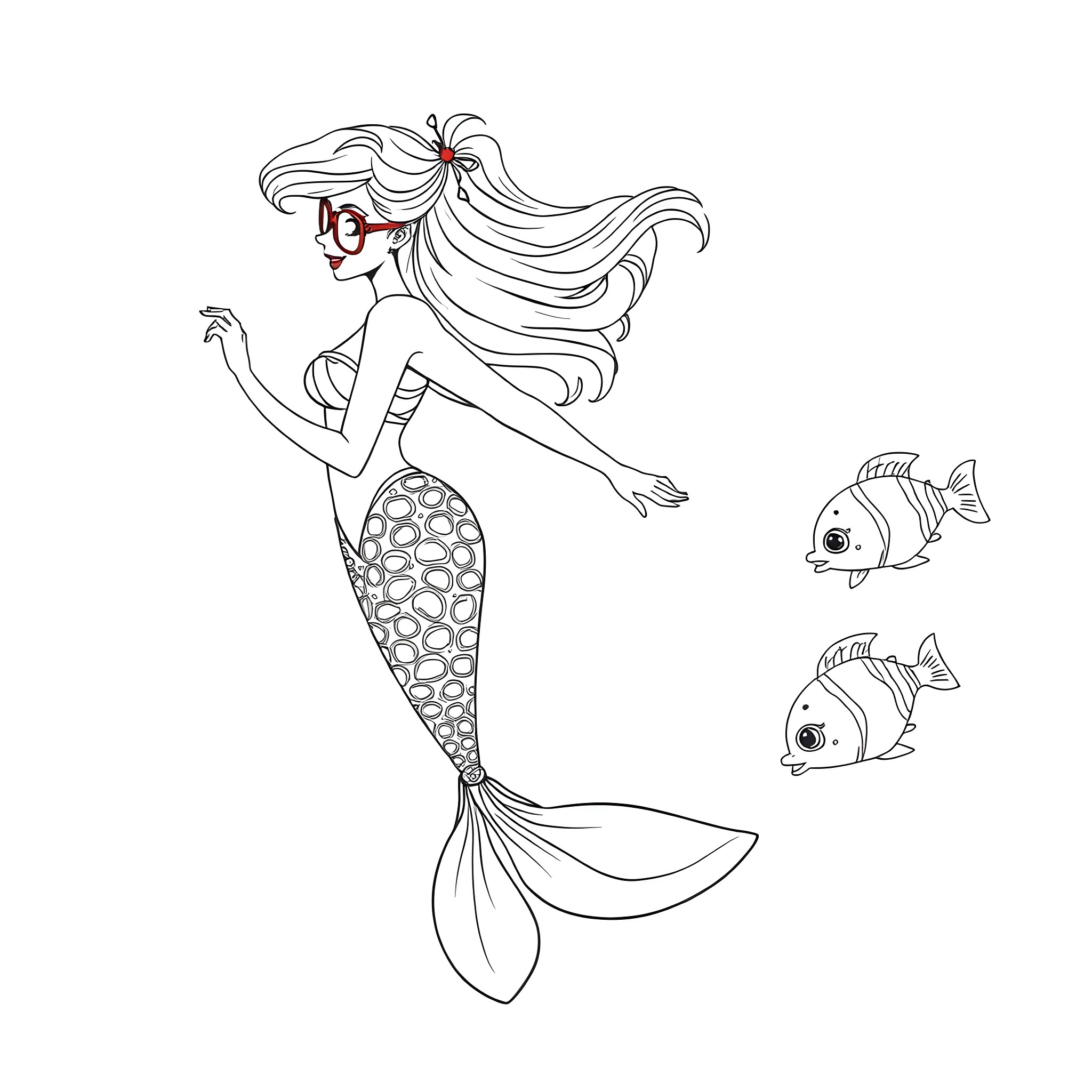 Mermaid swimming joyfully with playful fish Coloring Page (free black-and-white line drawing printable PDF for all, from beginners to advanced learners, including children, teens, adults, and seniors)