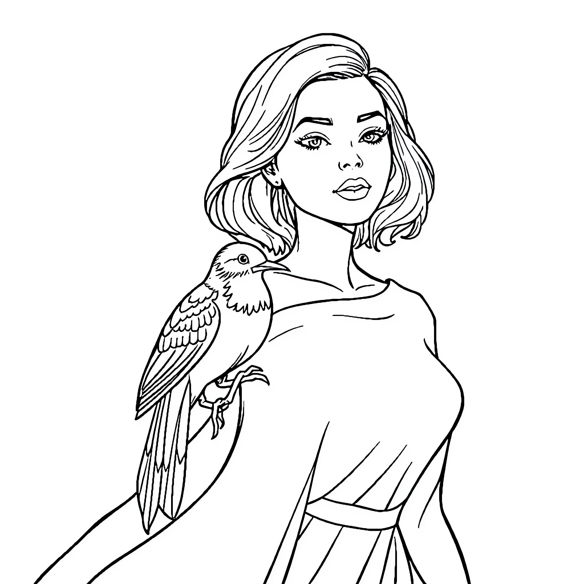 Woman with pet parrot on her shoulder Coloring Page (free black-and-white line drawing printable PDF for all, from beginners to advanced learners, including children, teens, adults, and seniors)