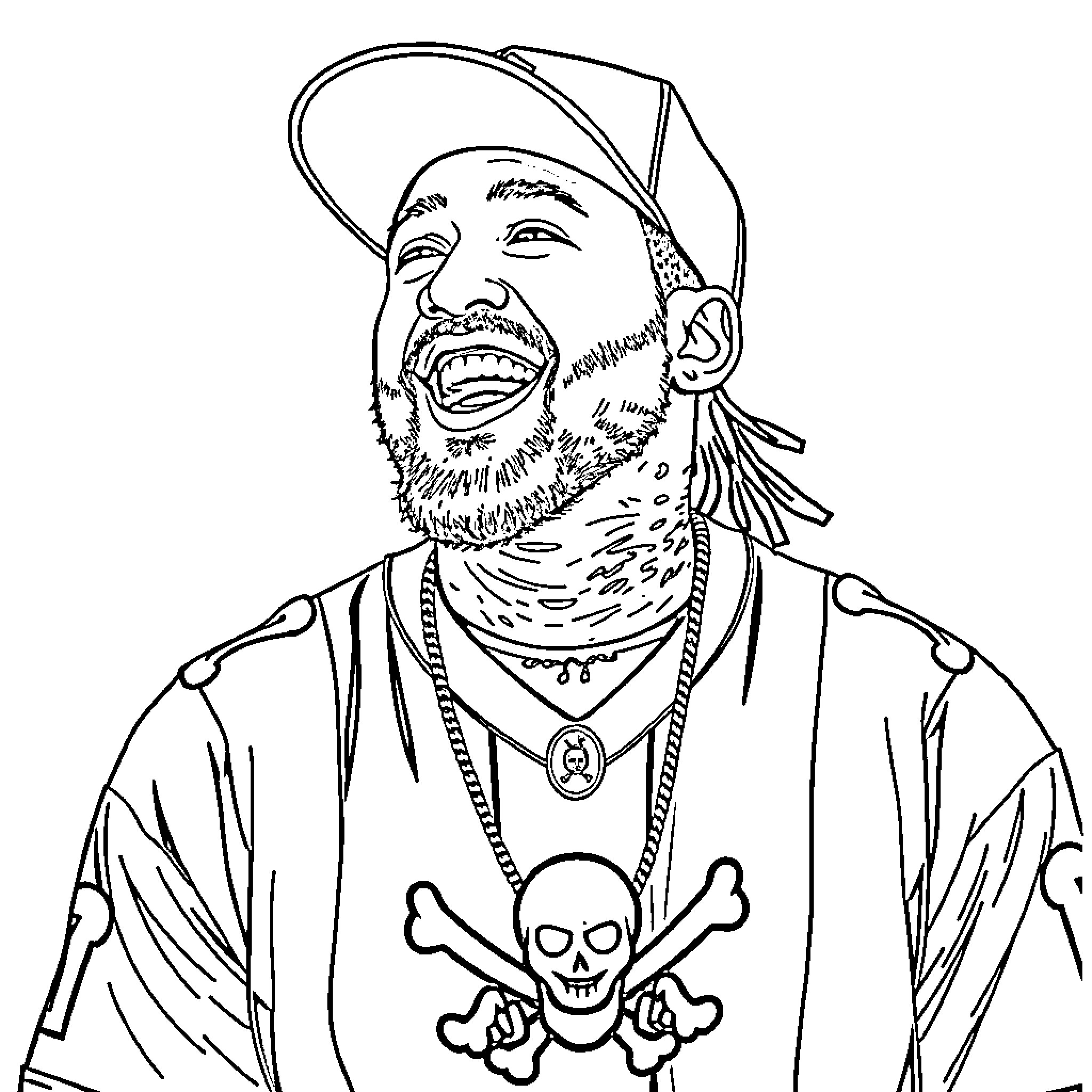 Mac Miller smiling in casual outfit with accessories Coloring Page (free black-and-white line drawing printable PDF for all, from beginners to advanced learners, including children, teens, adults, and seniors)
