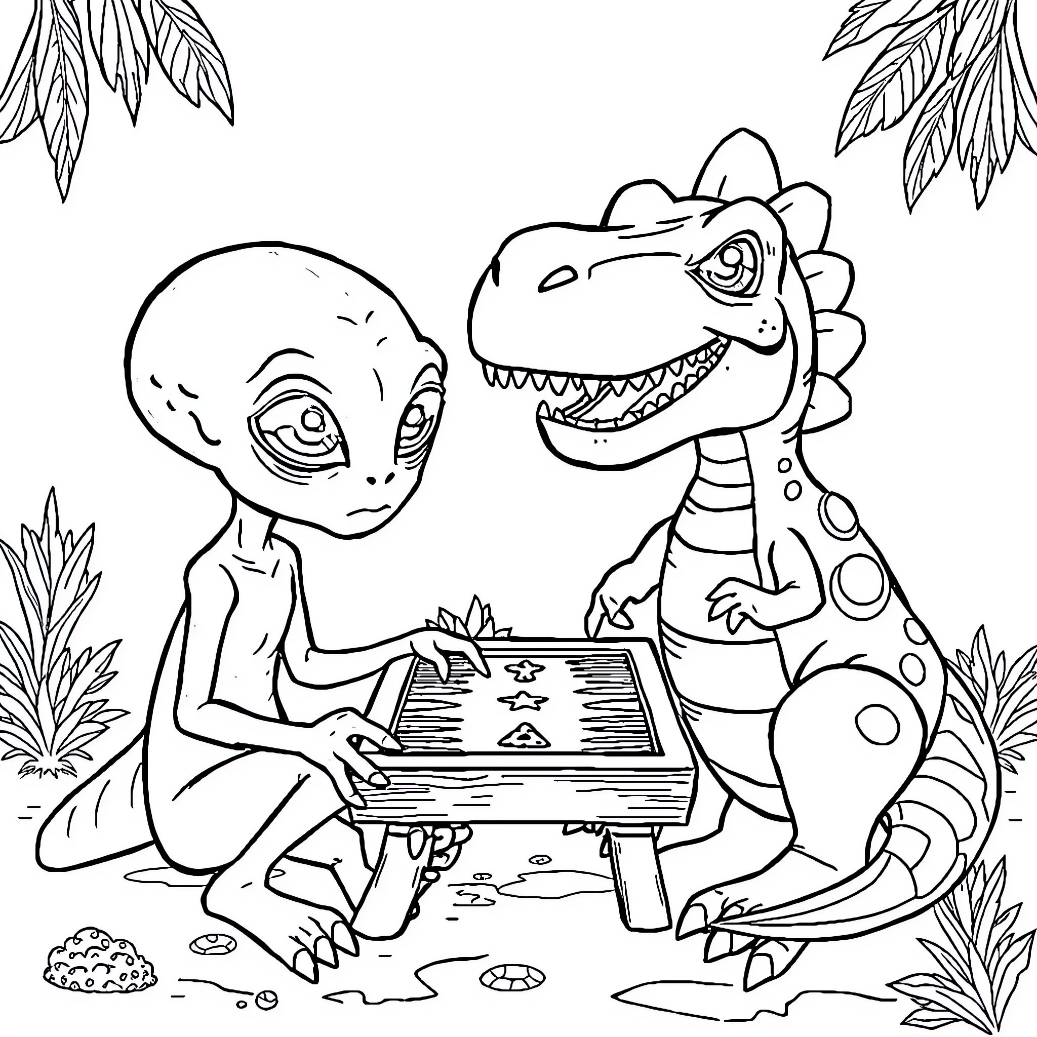 Alien playing board game with dinosaur friend Coloring Page (free black-and-white line drawing printable PDF for all, from beginners to advanced learners, including children, teens, adults, and seniors)