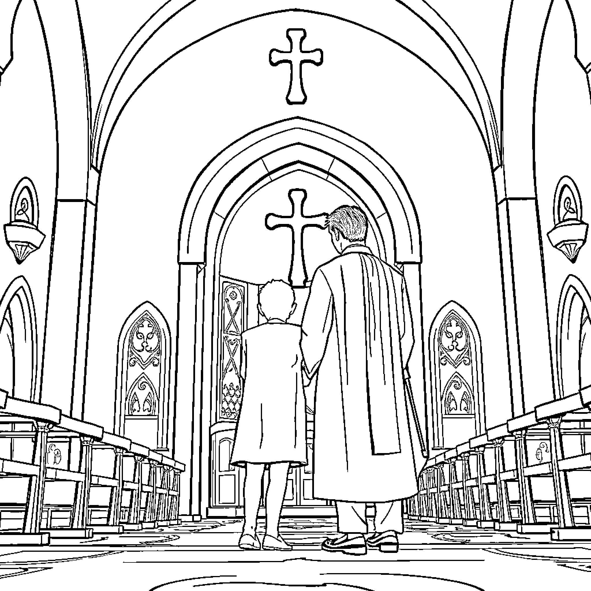 Mosque Interior with Worshippers Coloring Page (free black-and-white line drawing printable PDF for all, from beginners to advanced learners, including children, teens, adults, and seniors)