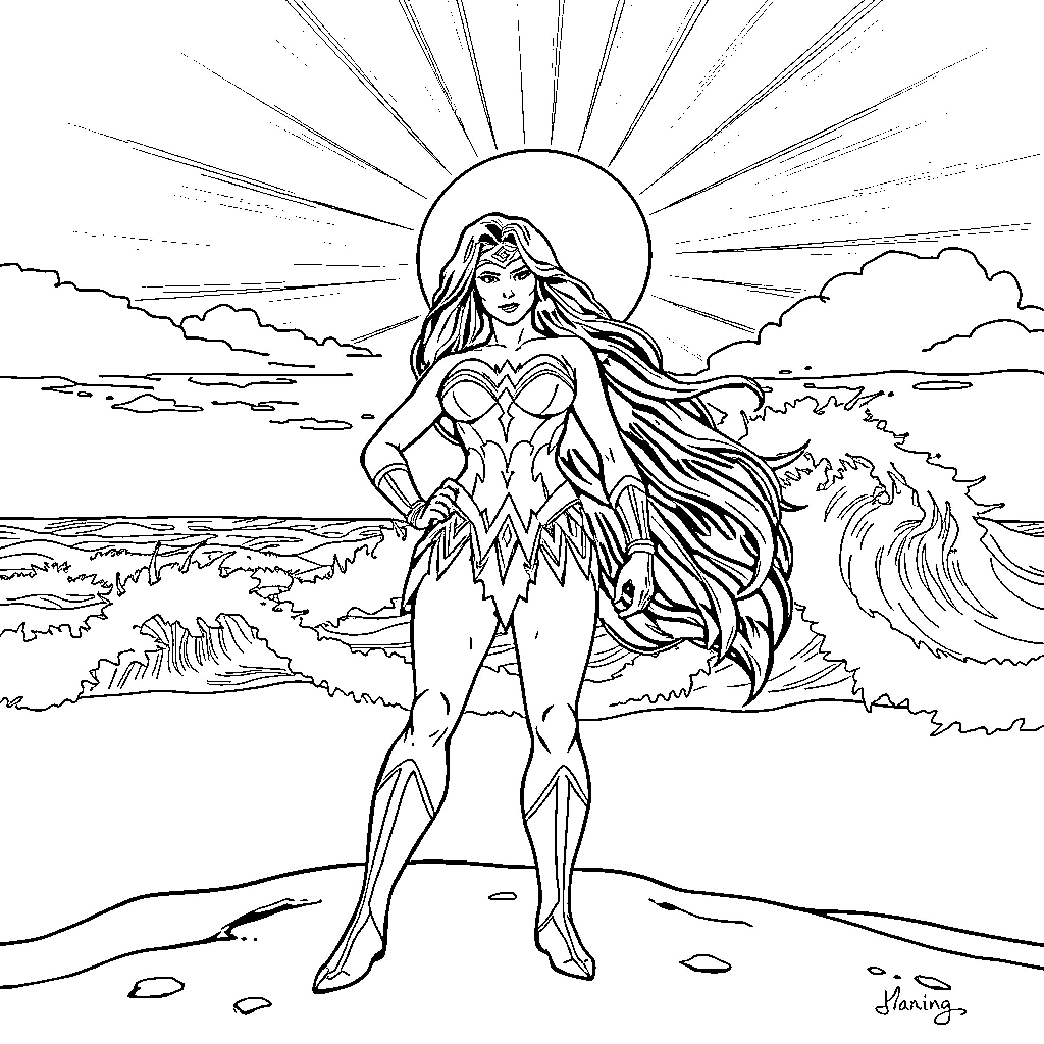 Wonder Woman Stands Heroically on Coastal Landscape Coloring Page (free black-and-white line drawing printable PDF for all, from beginners to advanced learners, including children, teens, adults, and seniors)