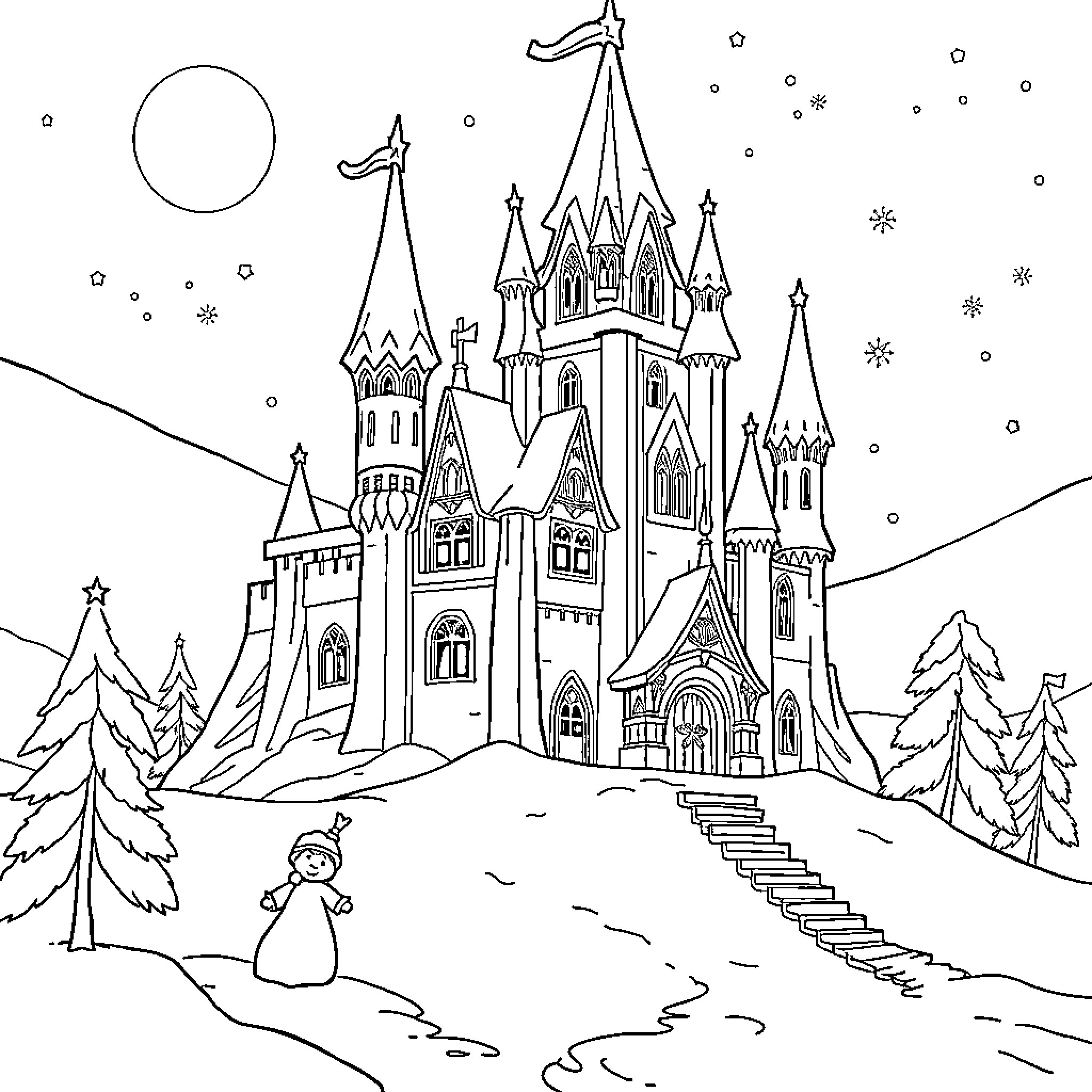 Renne's Enchanting Castle Scene Coloring Page (free black-and-white line drawing printable PDF for all, from beginners to advanced learners, including children, teens, adults, and seniors)