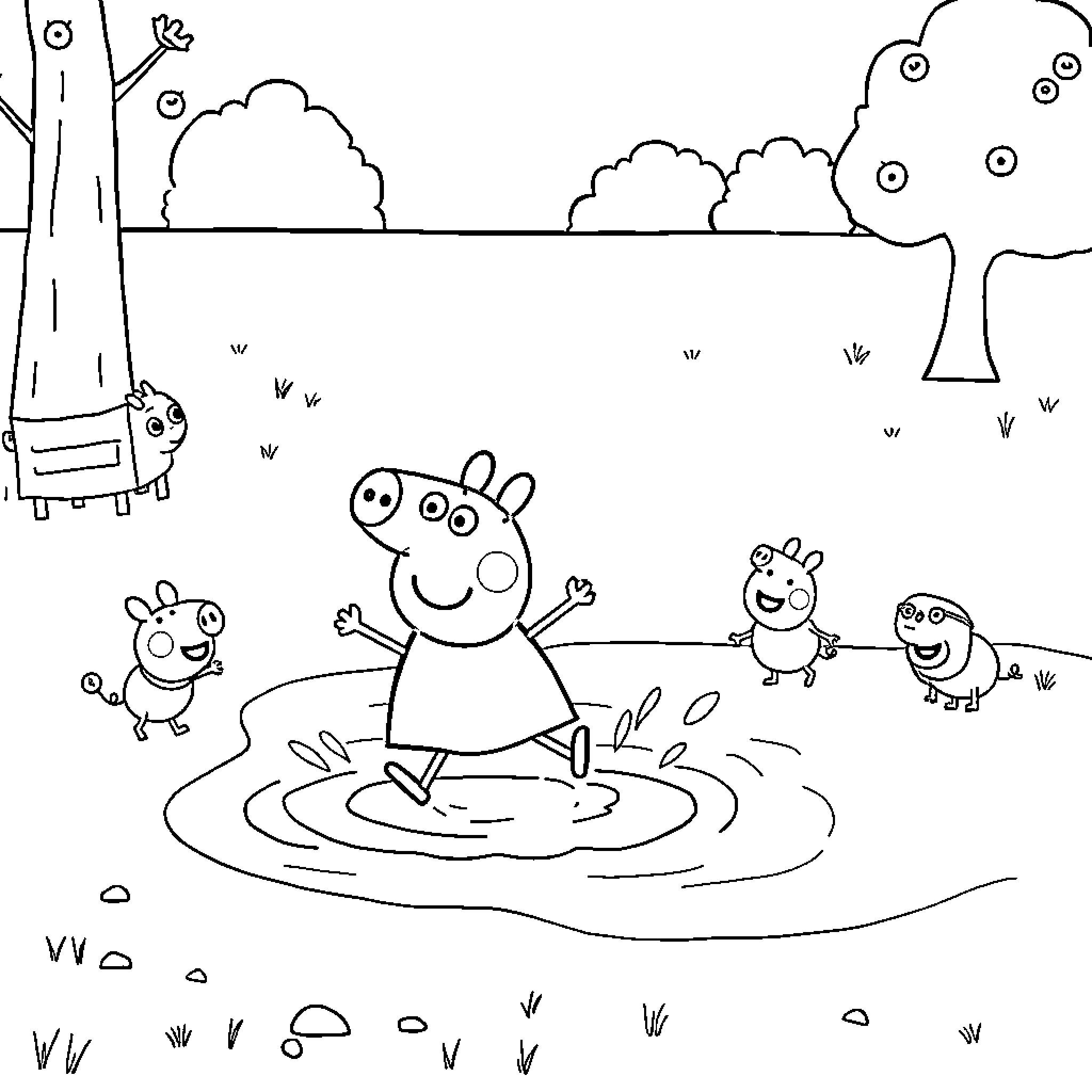Peppa Pig playing in the puddle with friends Coloring Page (free black-and-white line drawing printable PDF for all, from beginners to advanced learners, including children, teens, adults, and seniors)