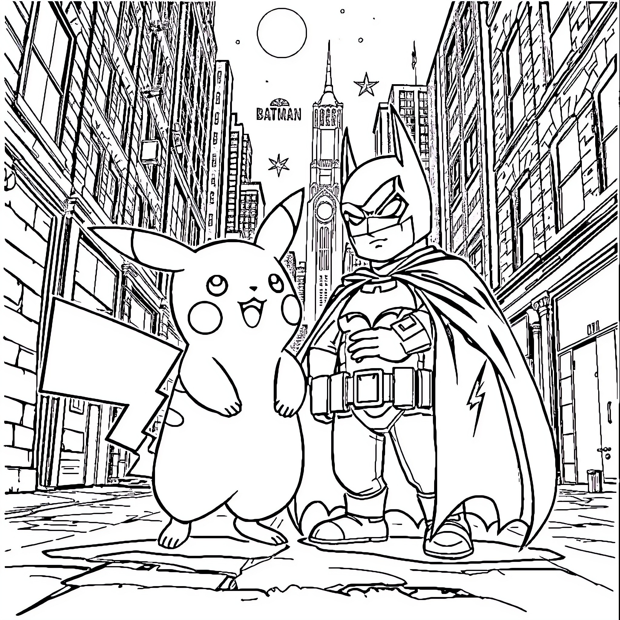 Pikachu teams up with Batman in the city Coloring Page (free black-and-white line drawing printable PDF for all, from beginners to advanced learners, including children, teens, adults, and seniors)