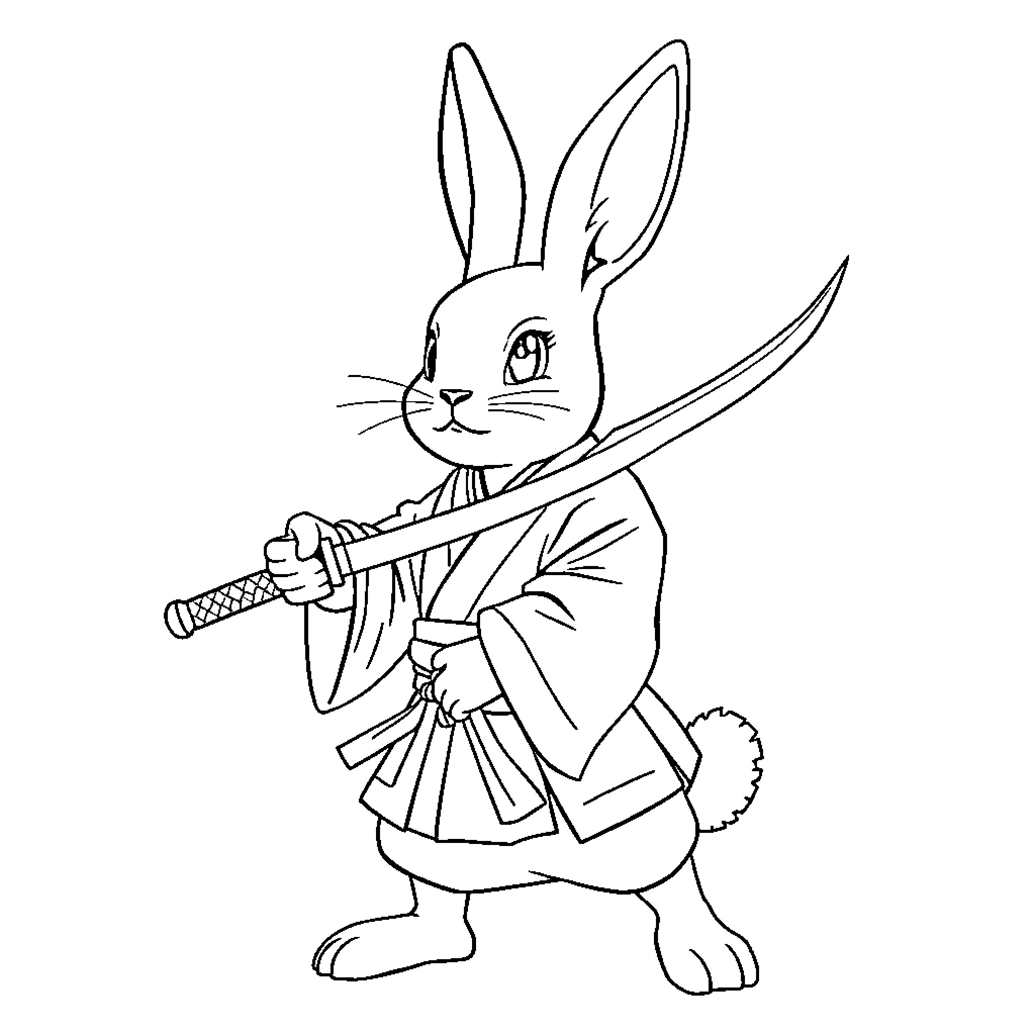 Rabbit warrior wielding a samurai sword Coloring Page (free black-and-white line drawing printable PDF for all, from beginners to advanced learners, including children, teens, adults, and seniors)
