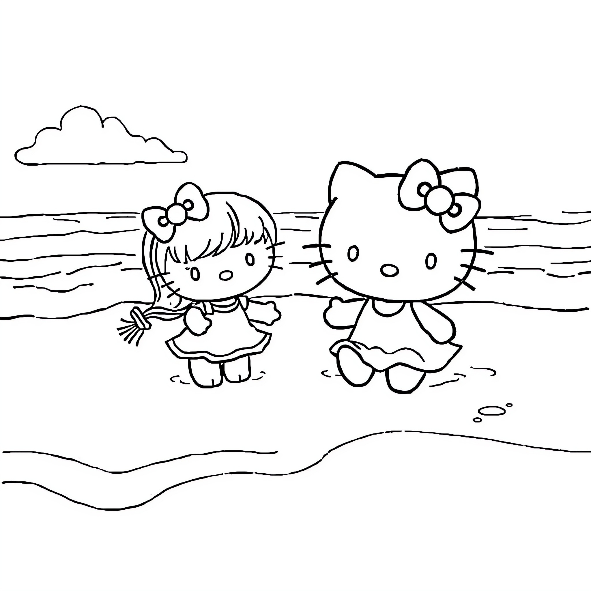 Hello Kitty and friend playing on the beach Coloring Page (free black-and-white line drawing printable PDF for all, from beginners to advanced learners, including children, teens, adults, and seniors)