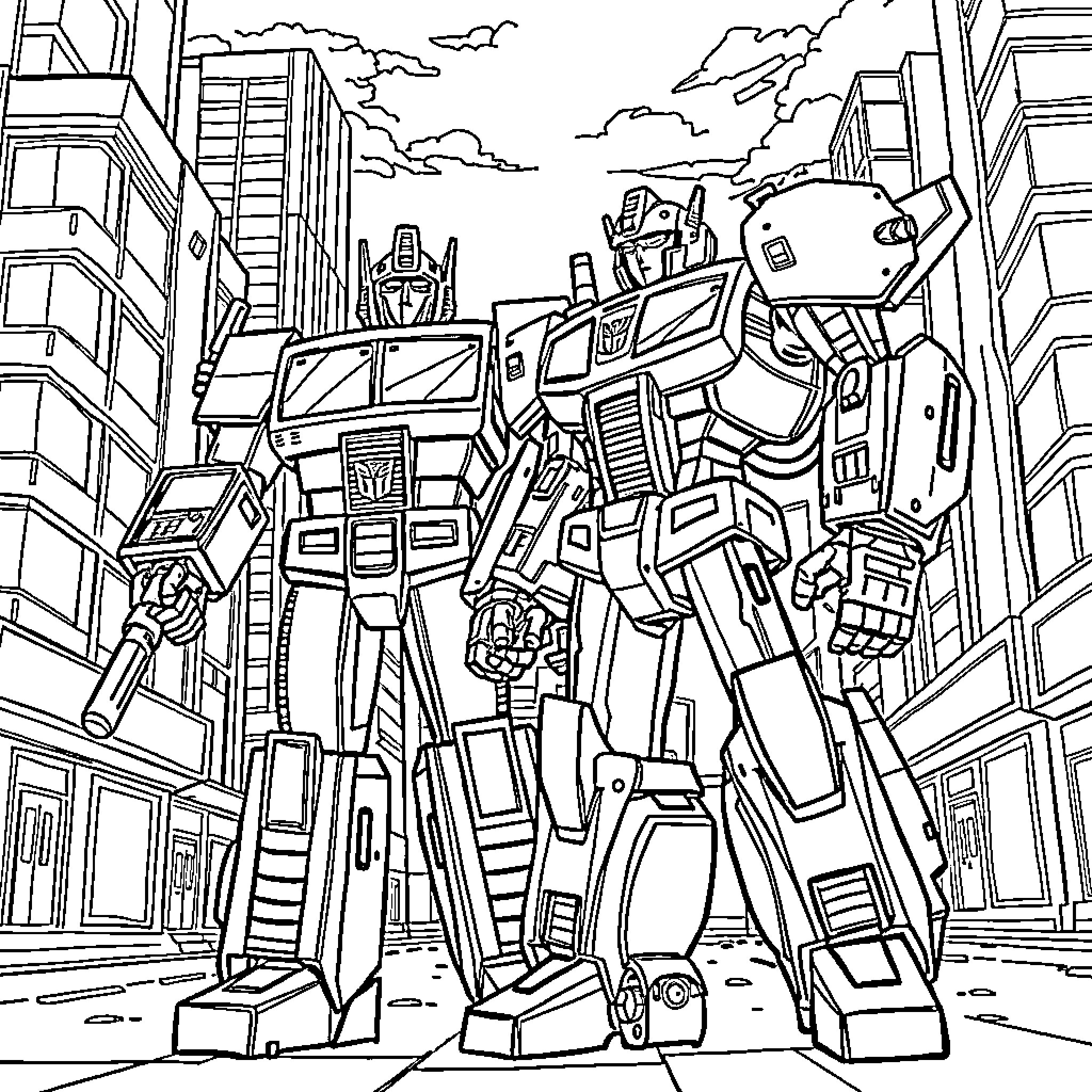 Transformer robots battling in the city Coloring Page (free black-and-white line drawing printable PDF for all, from beginners to advanced learners, including children, teens, adults, and seniors)
