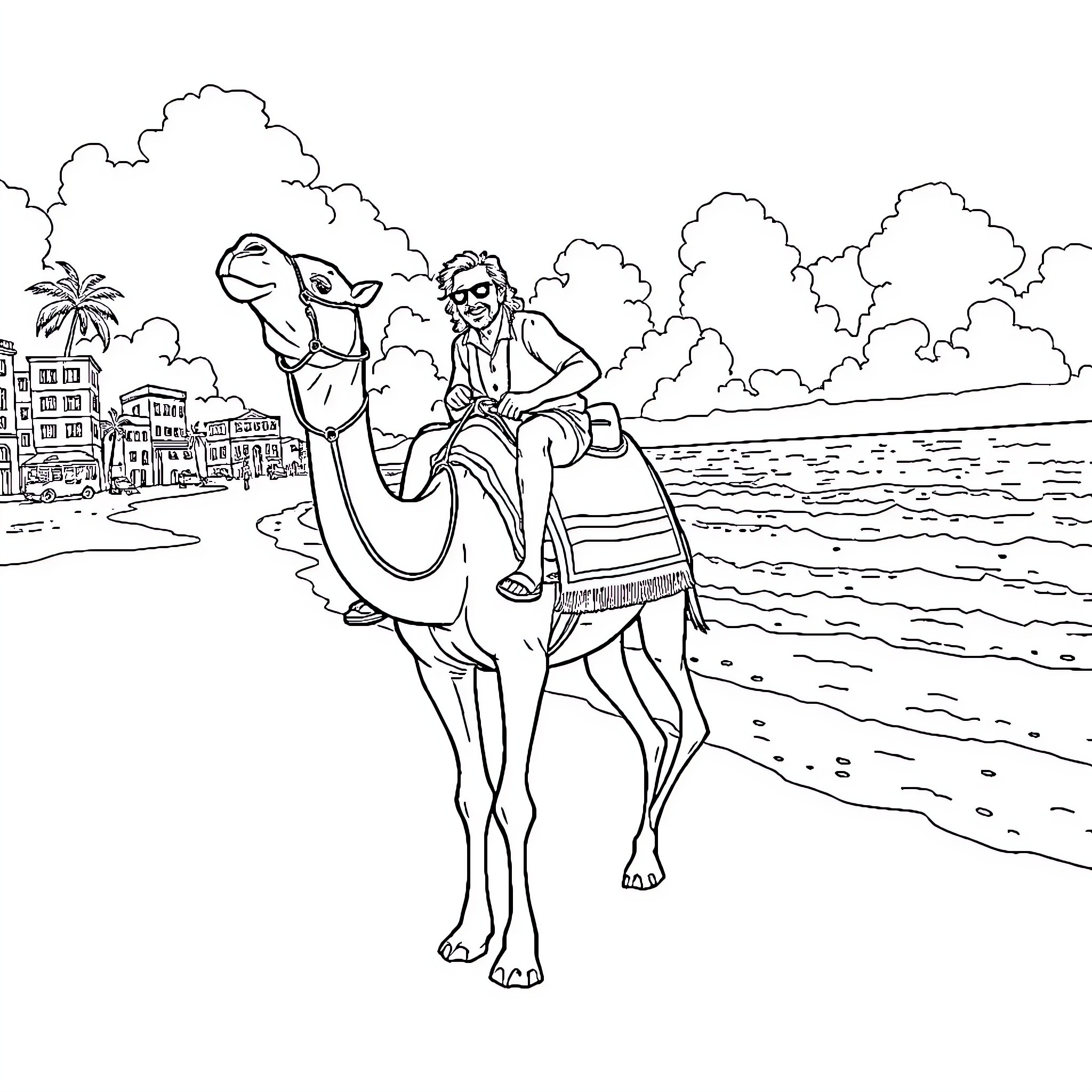 Camel ride along the beachfront Coloring Page (free black-and-white line drawing printable PDF for all, from beginners to advanced learners, including children, teens, adults, and seniors)