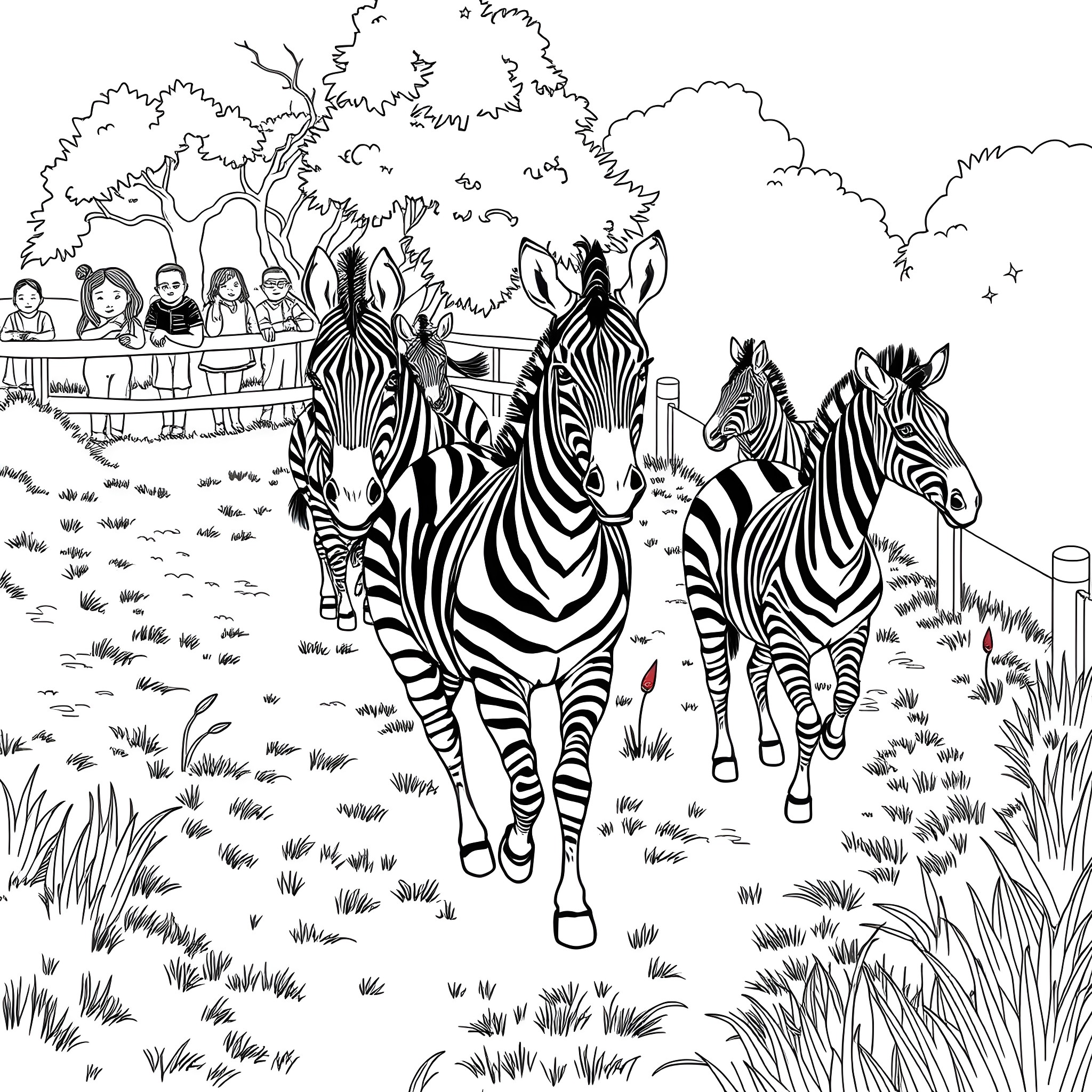 Zebra family roaming in the wild Coloring Page (free black-and-white line drawing printable PDF for all, from beginners to advanced learners, including children, teens, adults, and seniors)