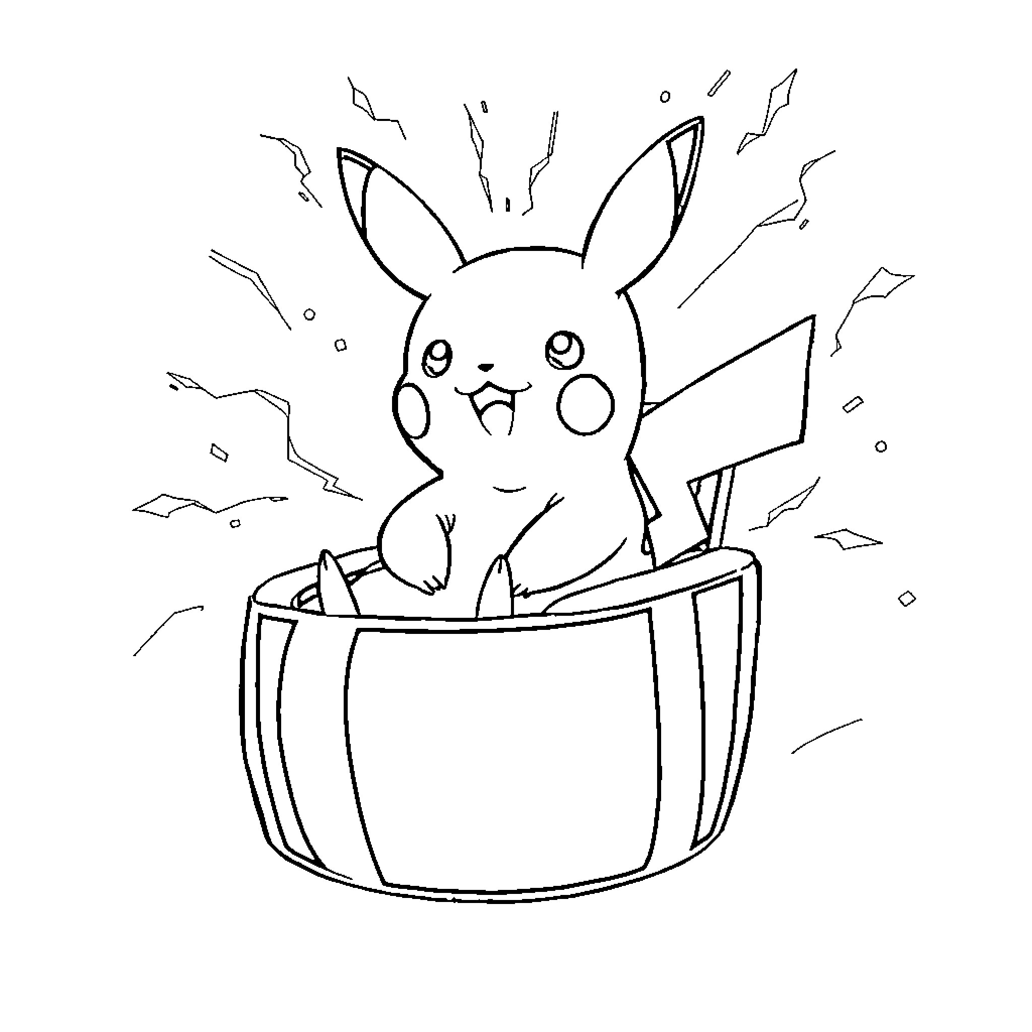Pikachu popping out of a box Coloring Page (free black-and-white line drawing printable PDF for all, from beginners to advanced learners, including children, teens, adults, and seniors)