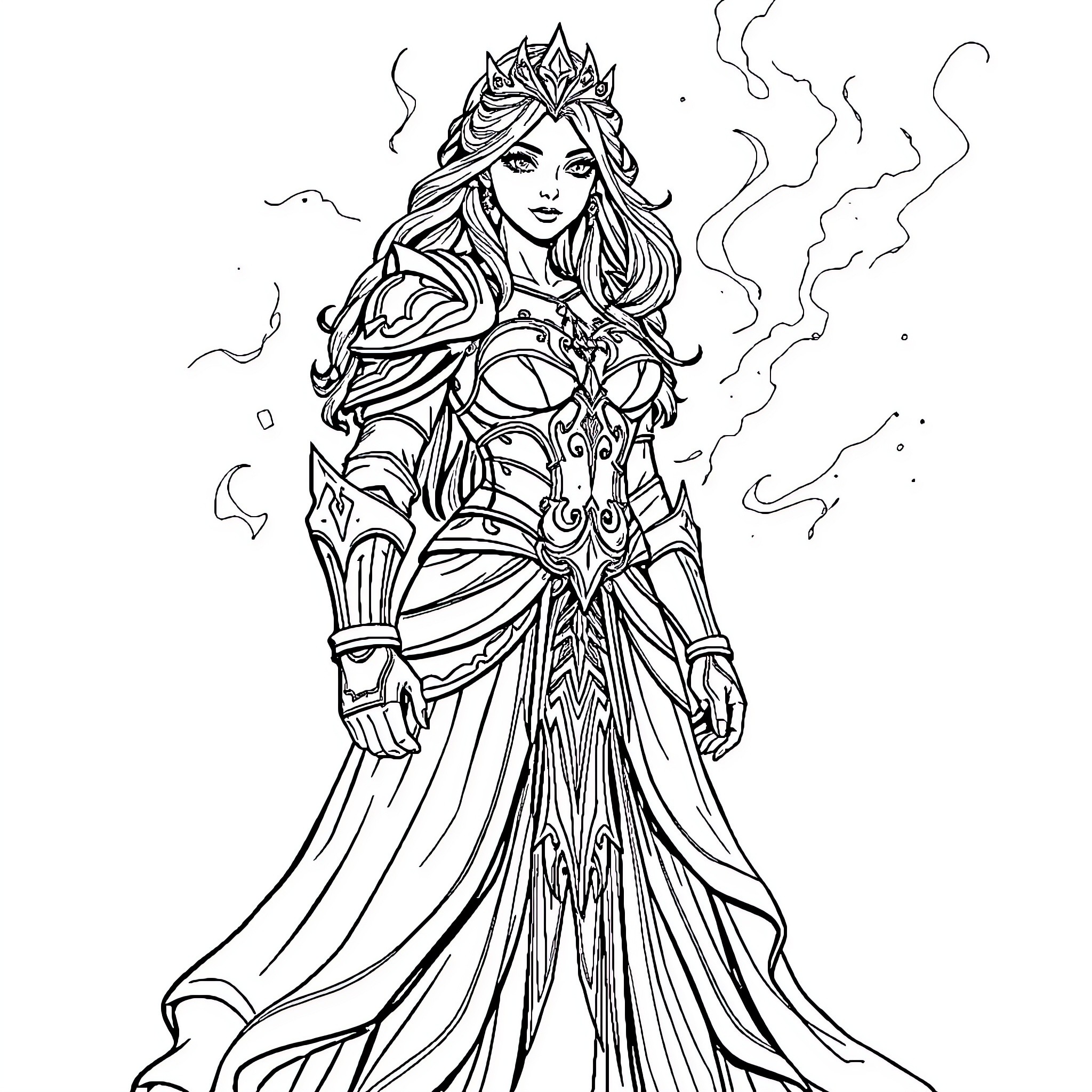 Princess in Elegant Fantasy Attire Coloring Page (free black-and-white line drawing printable PDF for all, from beginners to advanced learners, including children, teens, adults, and seniors)