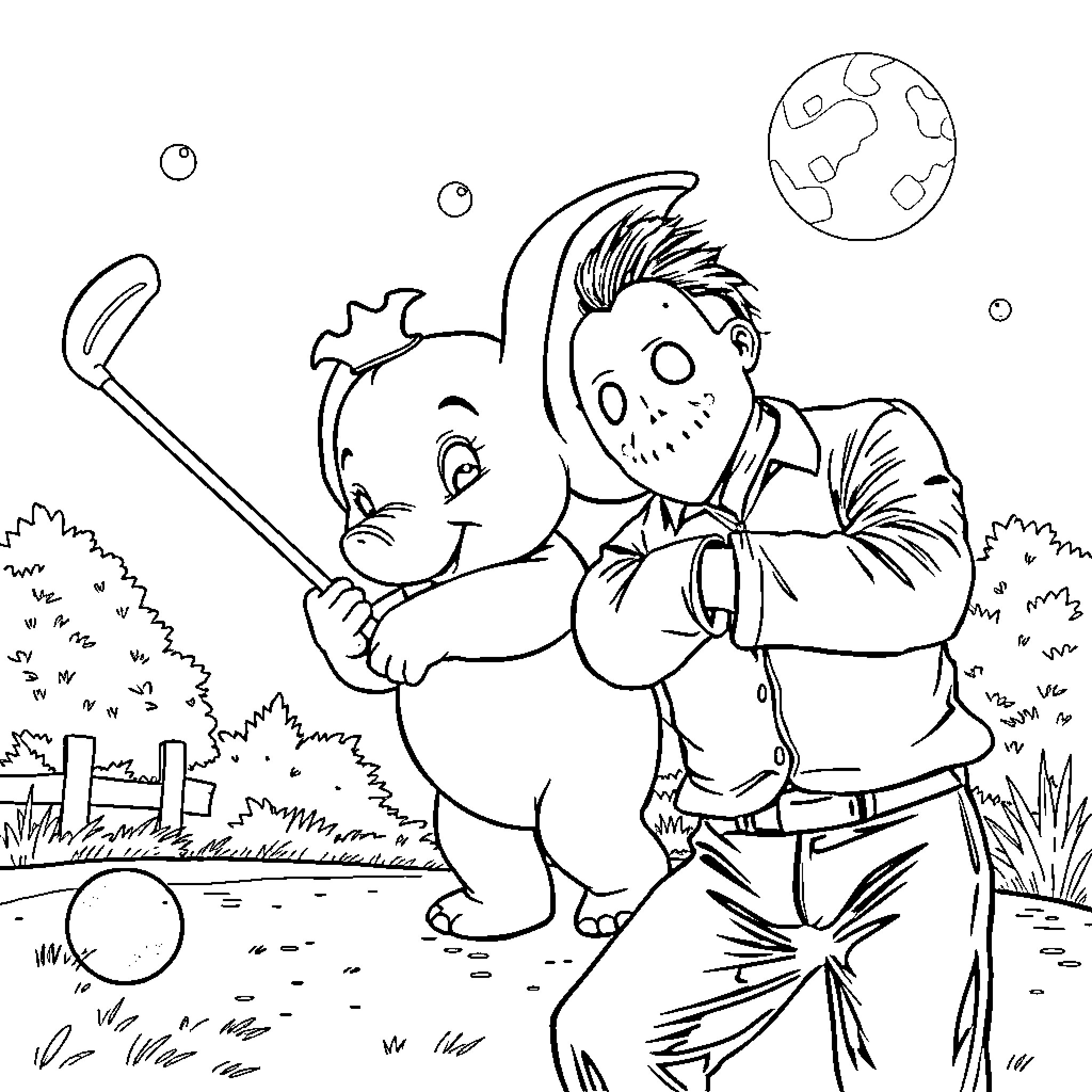 Dumbo and a man playing happily in a field Coloring Page (free black-and-white line drawing printable PDF for all, from beginners to advanced learners, including children, teens, adults, and seniors)