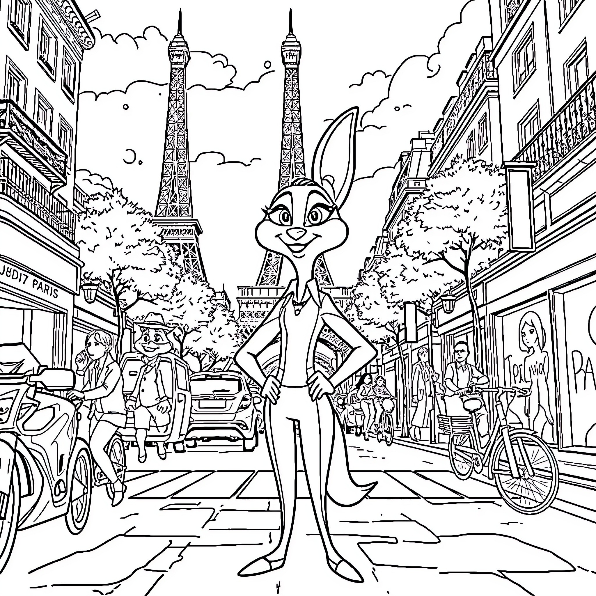Judy's Whimsical Adventure in Paris Coloring Page (free black-and-white line drawing printable PDF for all, from beginners to advanced learners, including children, teens, adults, and seniors)