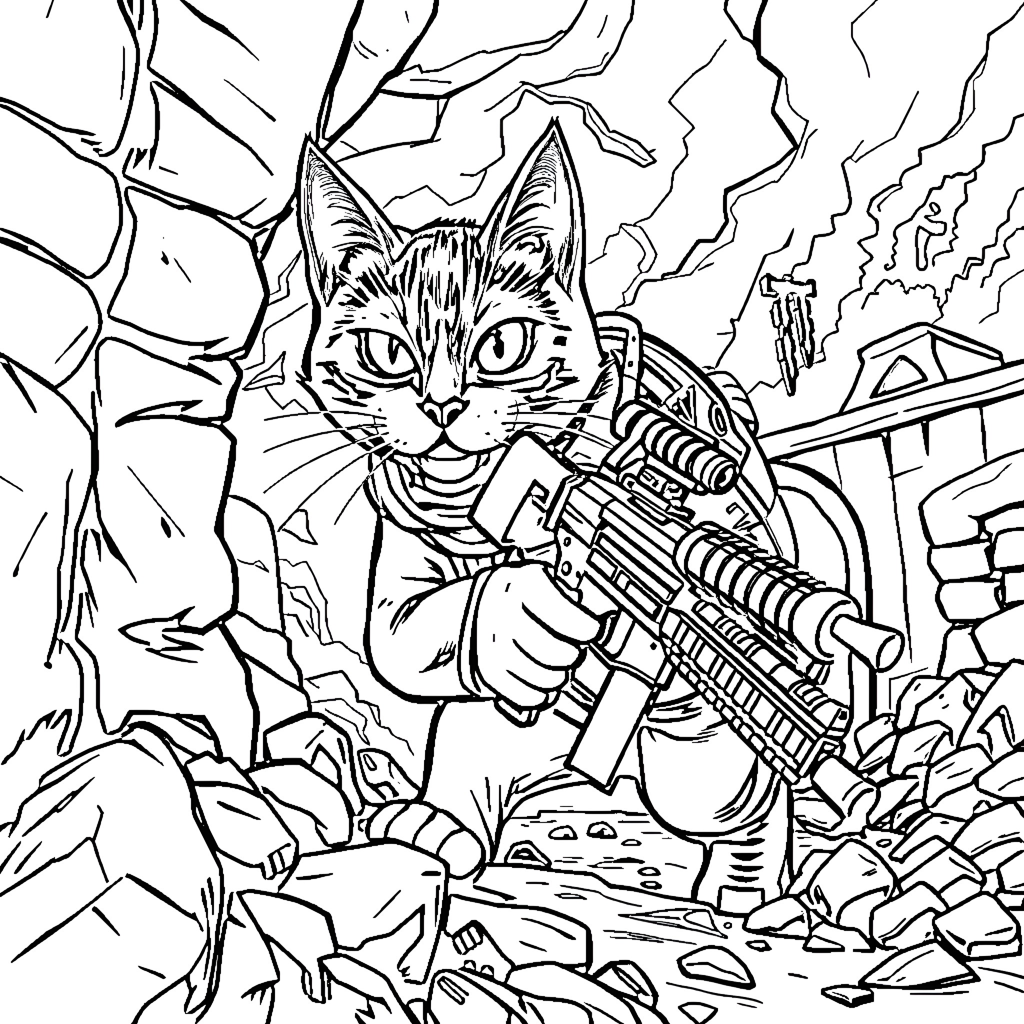 Tuxedo Cat in Battle Gear Amid Ruins Coloring Page (free black-and-white line drawing printable PDF for all, from beginners to advanced learners, including children, teens, adults, and seniors)