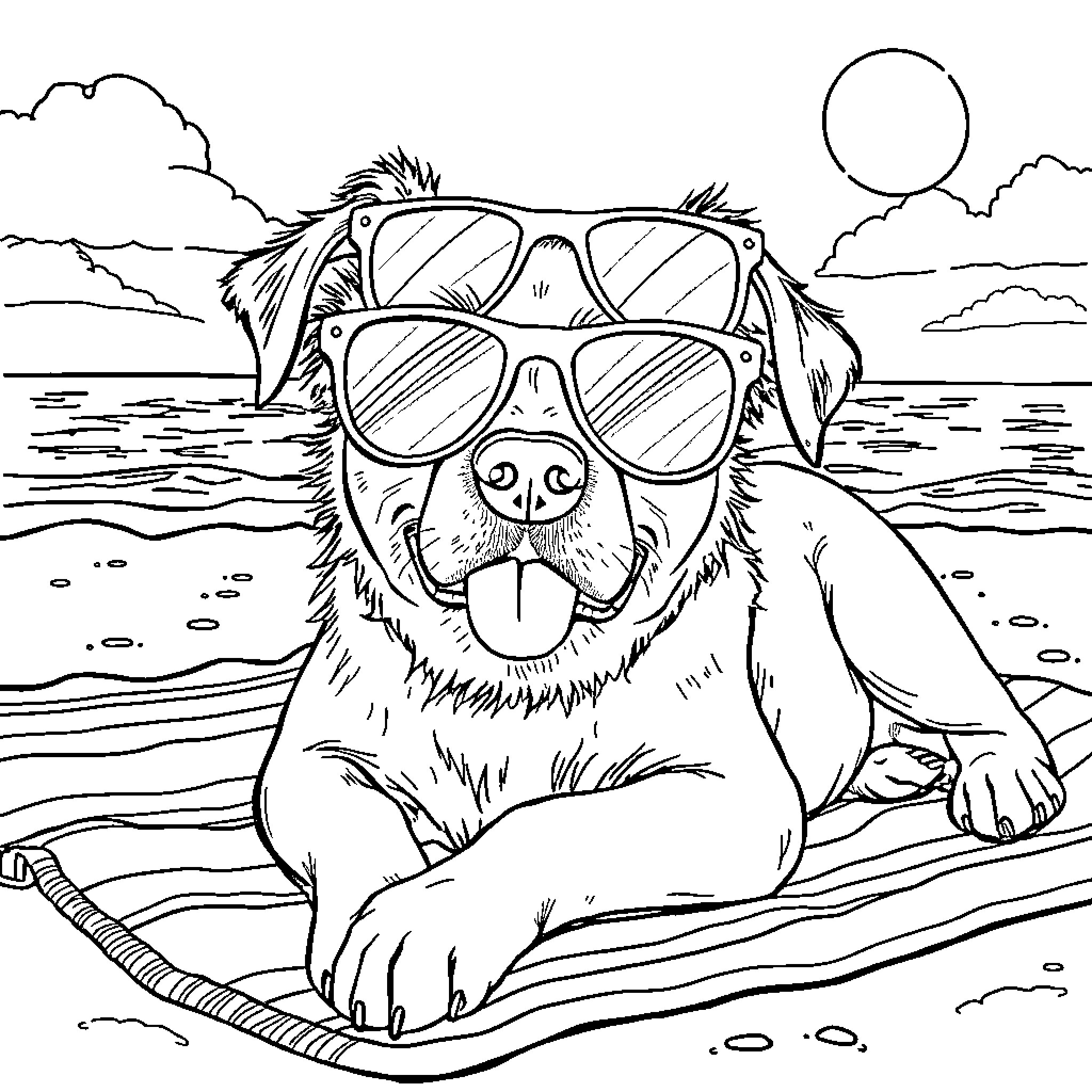 Dog enjoying a relaxing day at the beach Coloring Page (free black-and-white line drawing printable PDF for all, from beginners to advanced learners, including children, teens, adults, and seniors)
