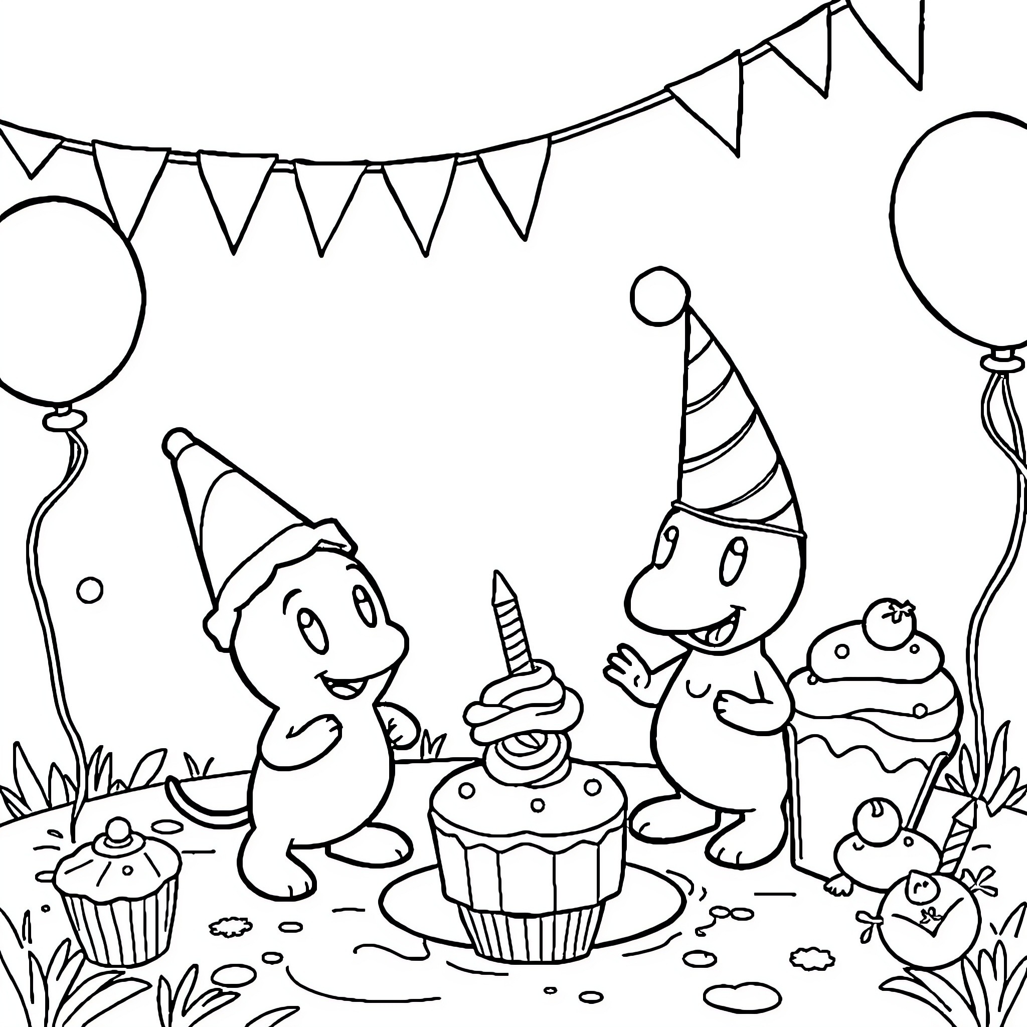 Pikmin celebrating a birthday party together Coloring Page (free black-and-white line drawing printable PDF for all, from beginners to advanced learners, including children, teens, adults, and seniors)
