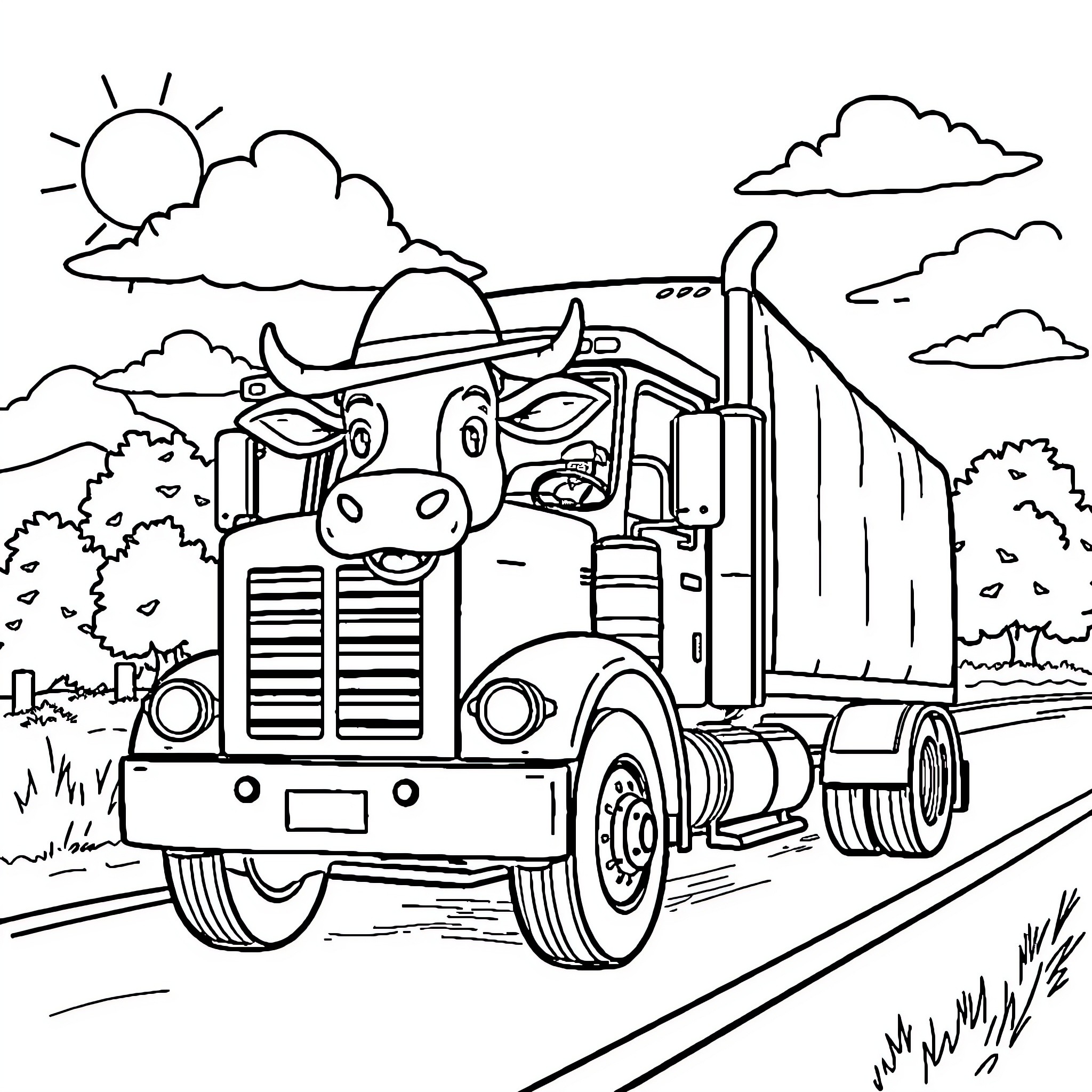 Cow driving a big truck on the road Coloring Page (free black-and-white line drawing printable PDF for all, from beginners to advanced learners, including children, teens, adults, and seniors)