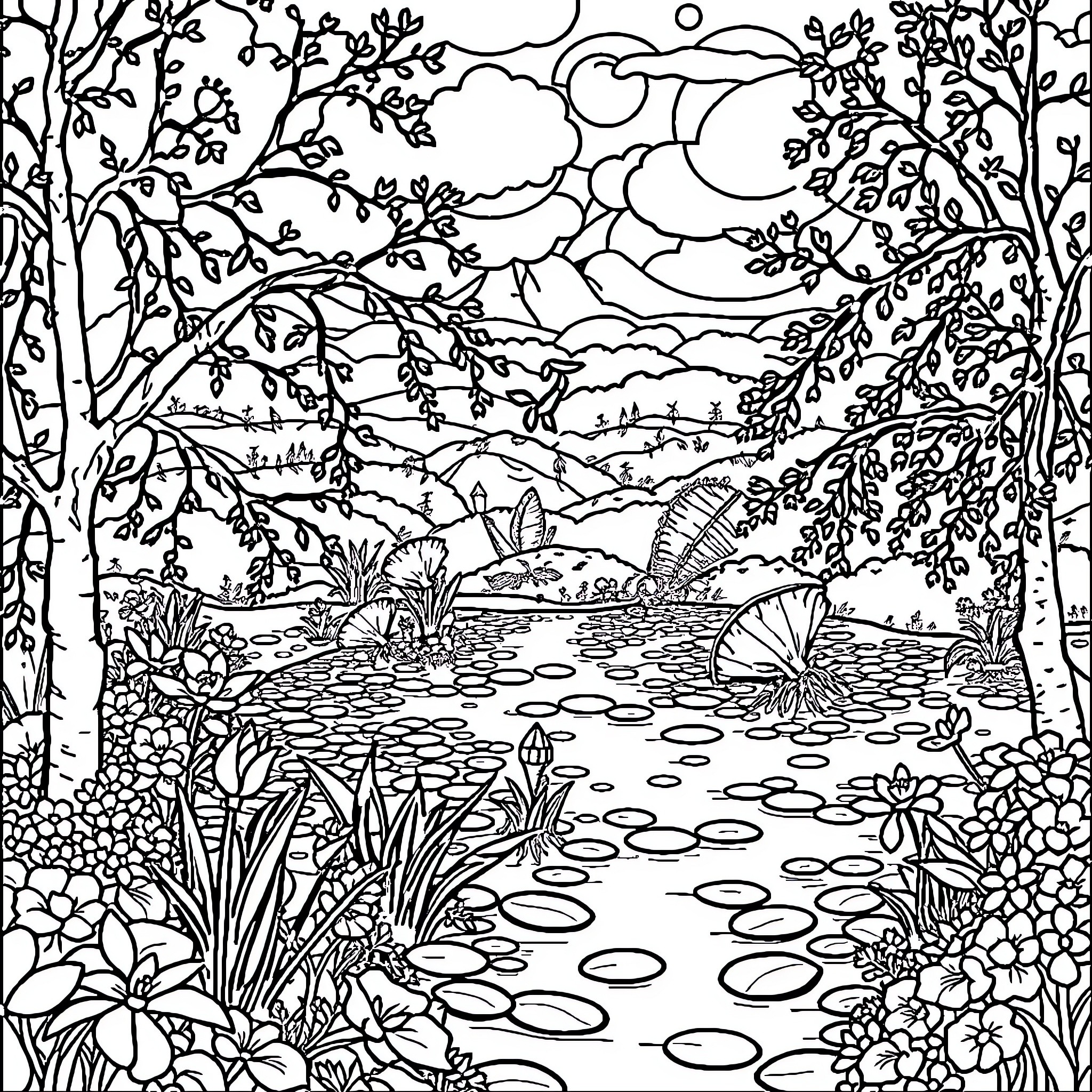 Monet's Enchanted Woodland Wonderland Coloring Page (free black-and-white line drawing printable PDF for all, from beginners to advanced learners, including children, teens, adults, and seniors)