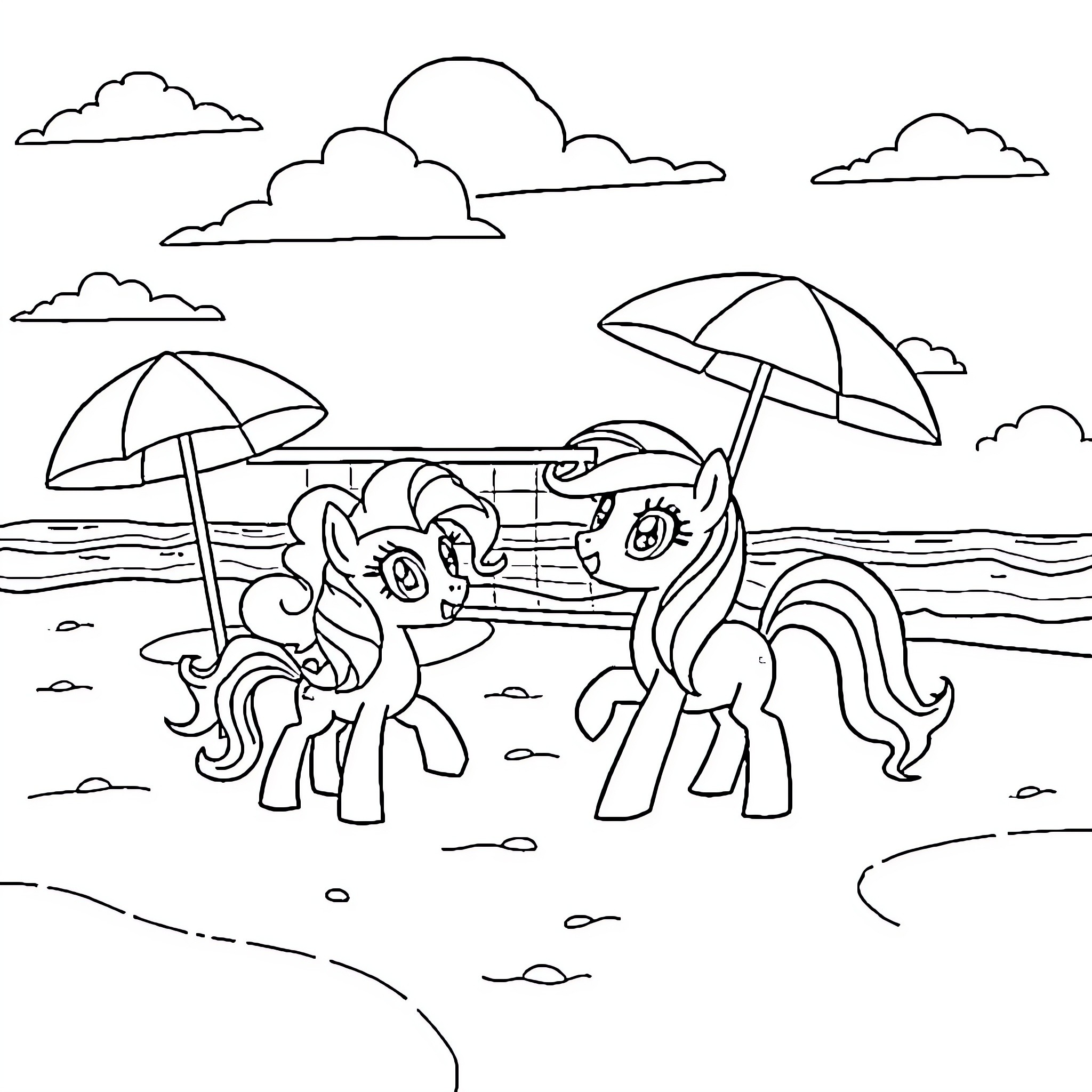Pony Friends Enjoying a Beach Day Coloring Page (free black-and-white line drawing printable PDF for all, from beginners to advanced learners, including children, teens, adults, and seniors)