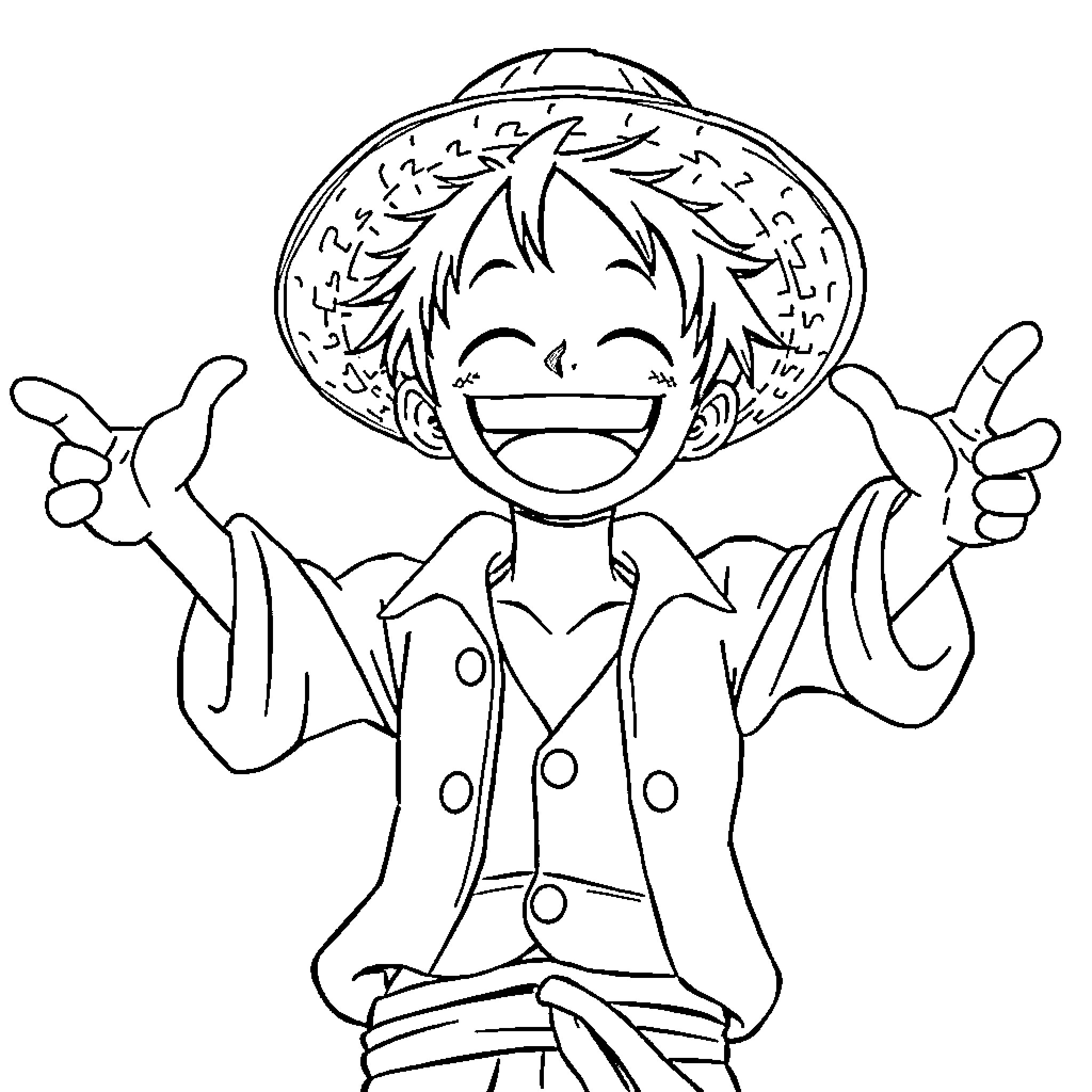 Luffy's Joyful Straw Hat Adventure Coloring Page (free black-and-white line drawing printable PDF for all, from beginners to advanced learners, including children, teens, adults, and seniors)
