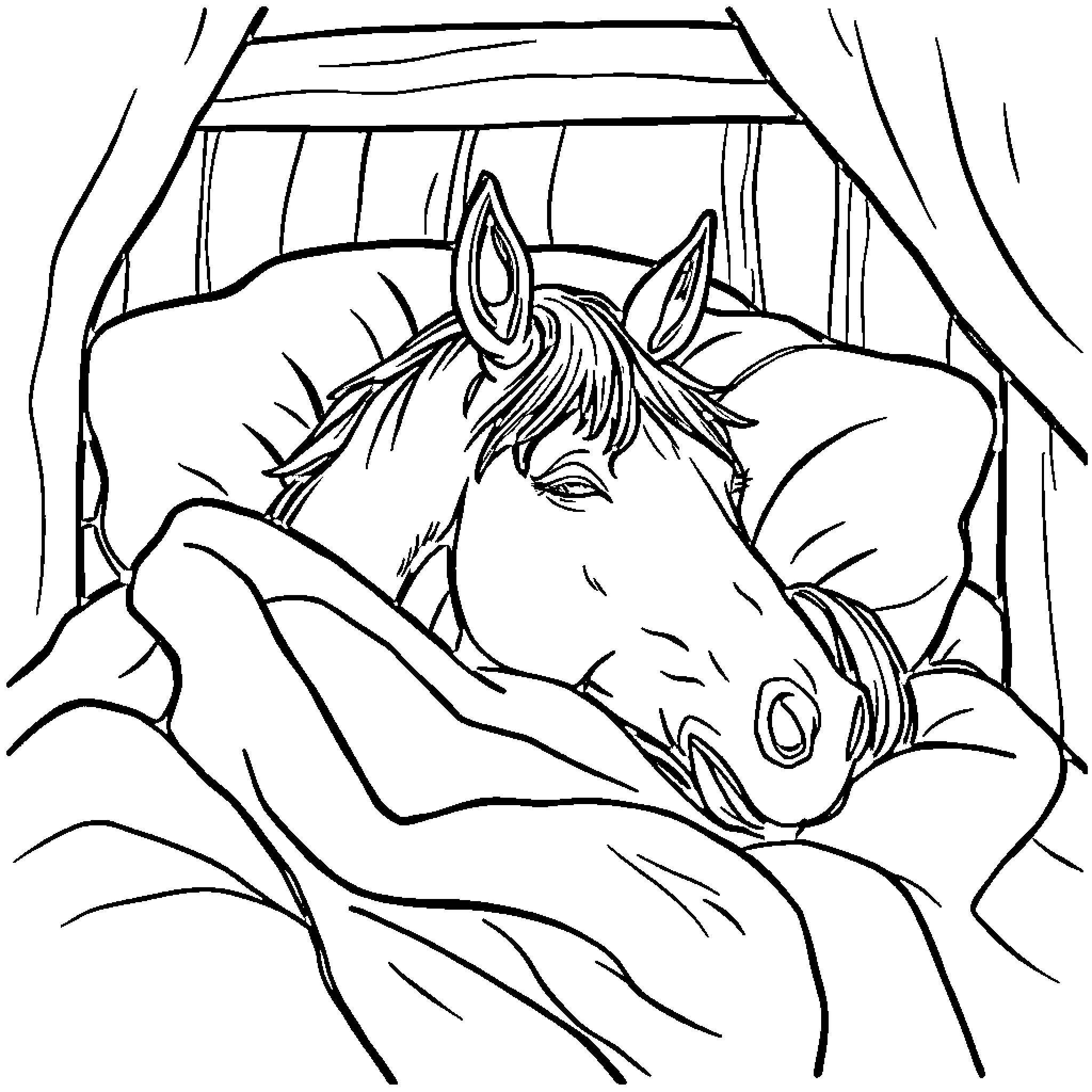 Horse resting peacefully in its stall Coloring Page (free black-and-white line drawing printable PDF for all, from beginners to advanced learners, including children, teens, adults, and seniors)