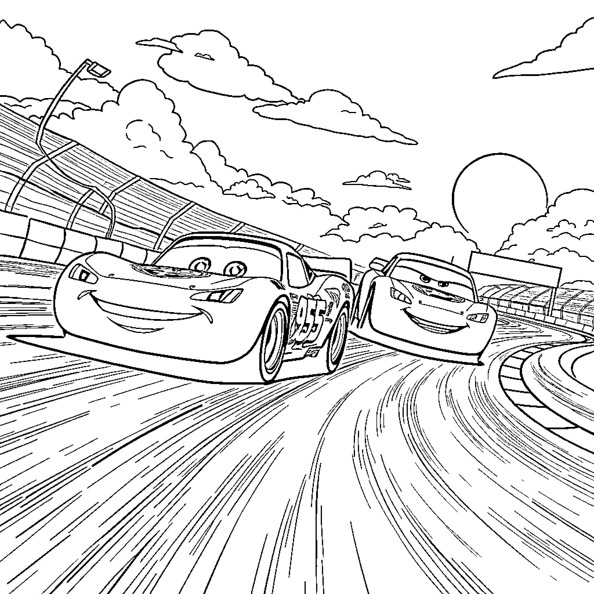 McQueen Racing Cars on the Track Coloring Page (free black-and-white line drawing printable PDF for all, from beginners to advanced learners, including children, teens, adults, and seniors)