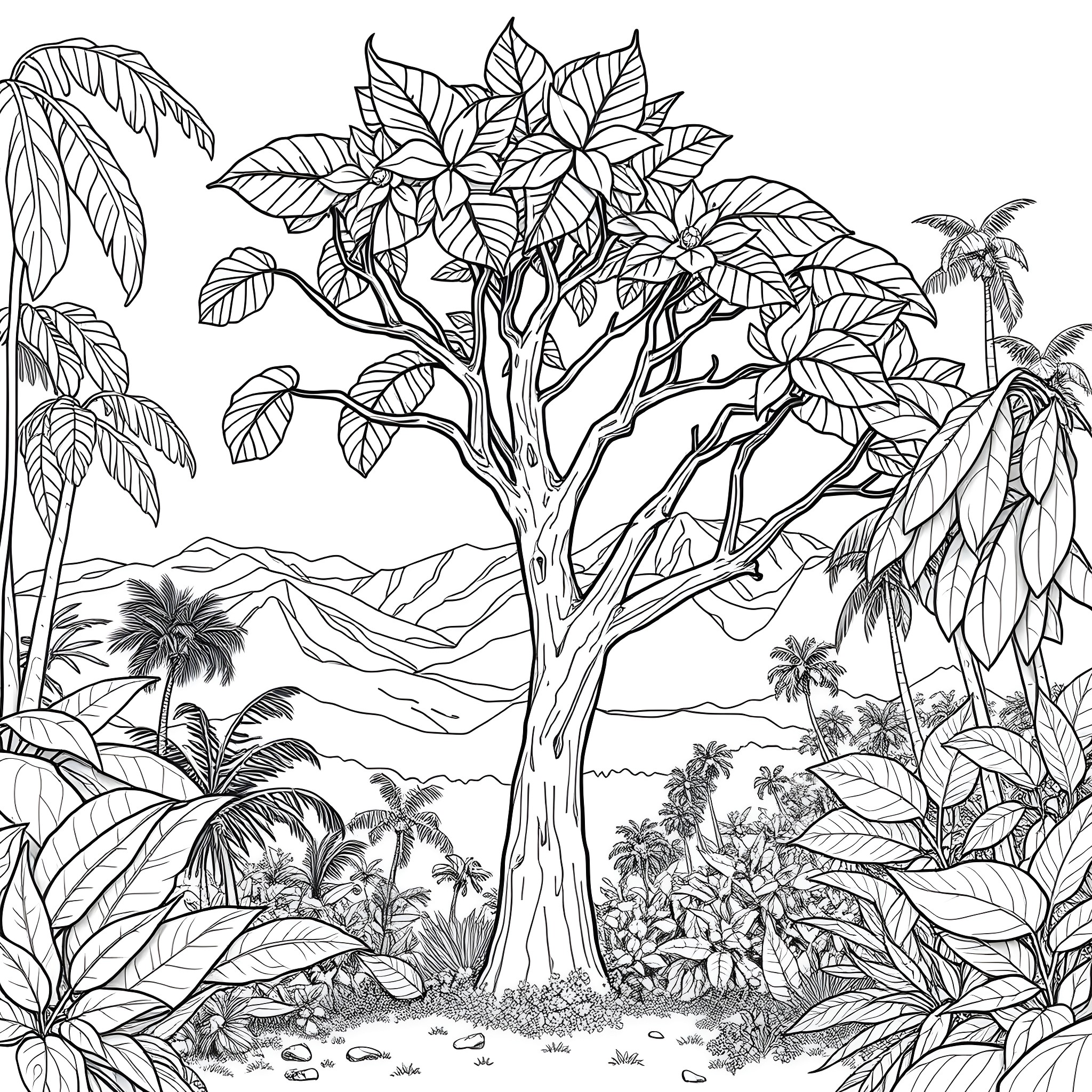 Koa Tree in Tropical Landscape Coloring Page (free black-and-white line drawing printable PDF for all, from beginners to advanced learners, including children, teens, adults, and seniors)
