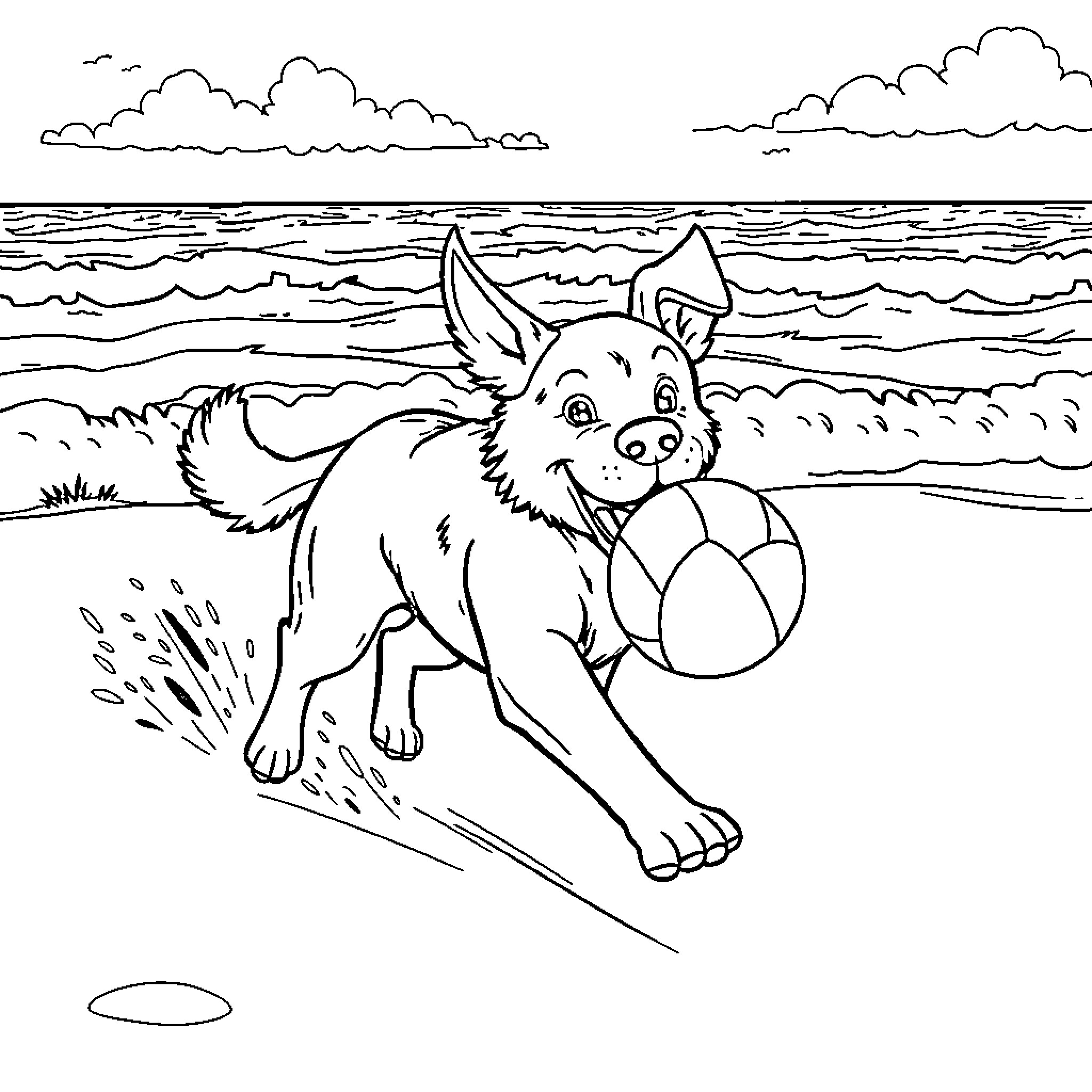 Dog playing happily with beach ball on the beach Coloring Page (free black-and-white line drawing printable PDF for all, from beginners to advanced learners, including children, teens, adults, and seniors)