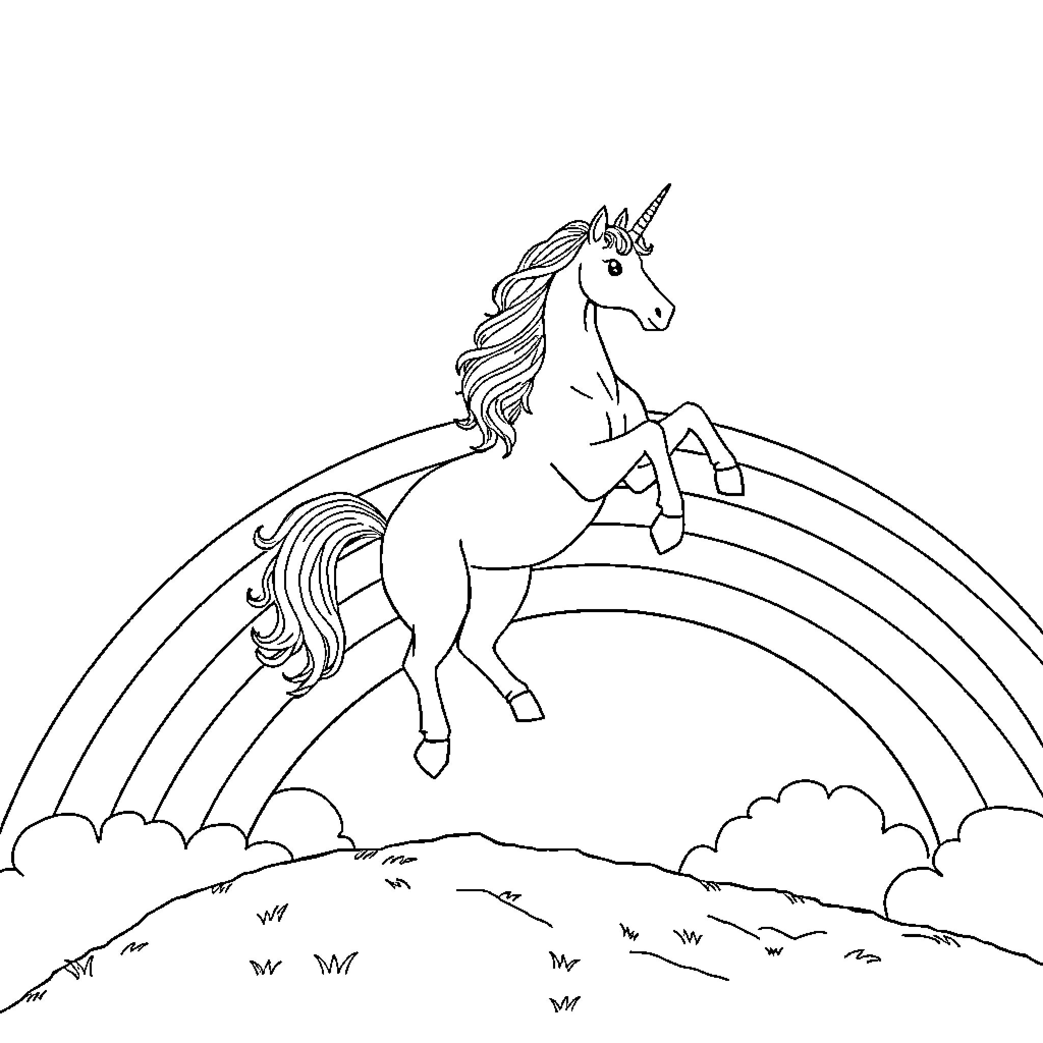 Unicorn leaping gracefully over rainbow-filled field Coloring Page (free black-and-white line drawing printable PDF for all, from beginners to advanced learners, including children, teens, adults, and seniors)