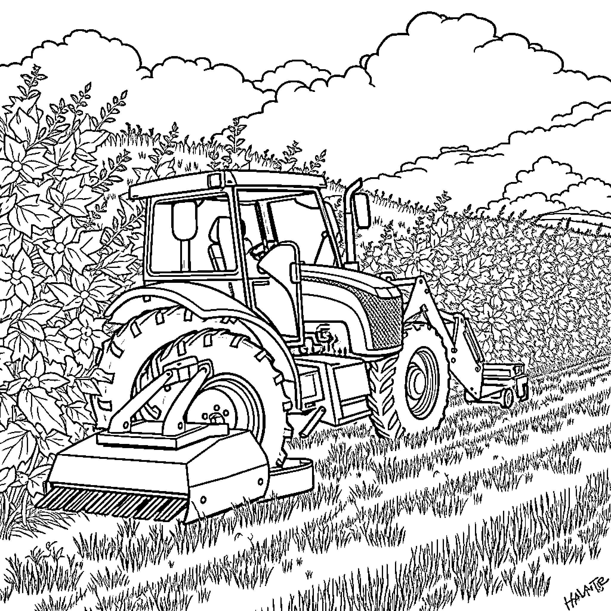 Tractor plowing through the countryside Coloring Page (free black-and-white line drawing printable PDF for all, from beginners to advanced learners, including children, teens, adults, and seniors)