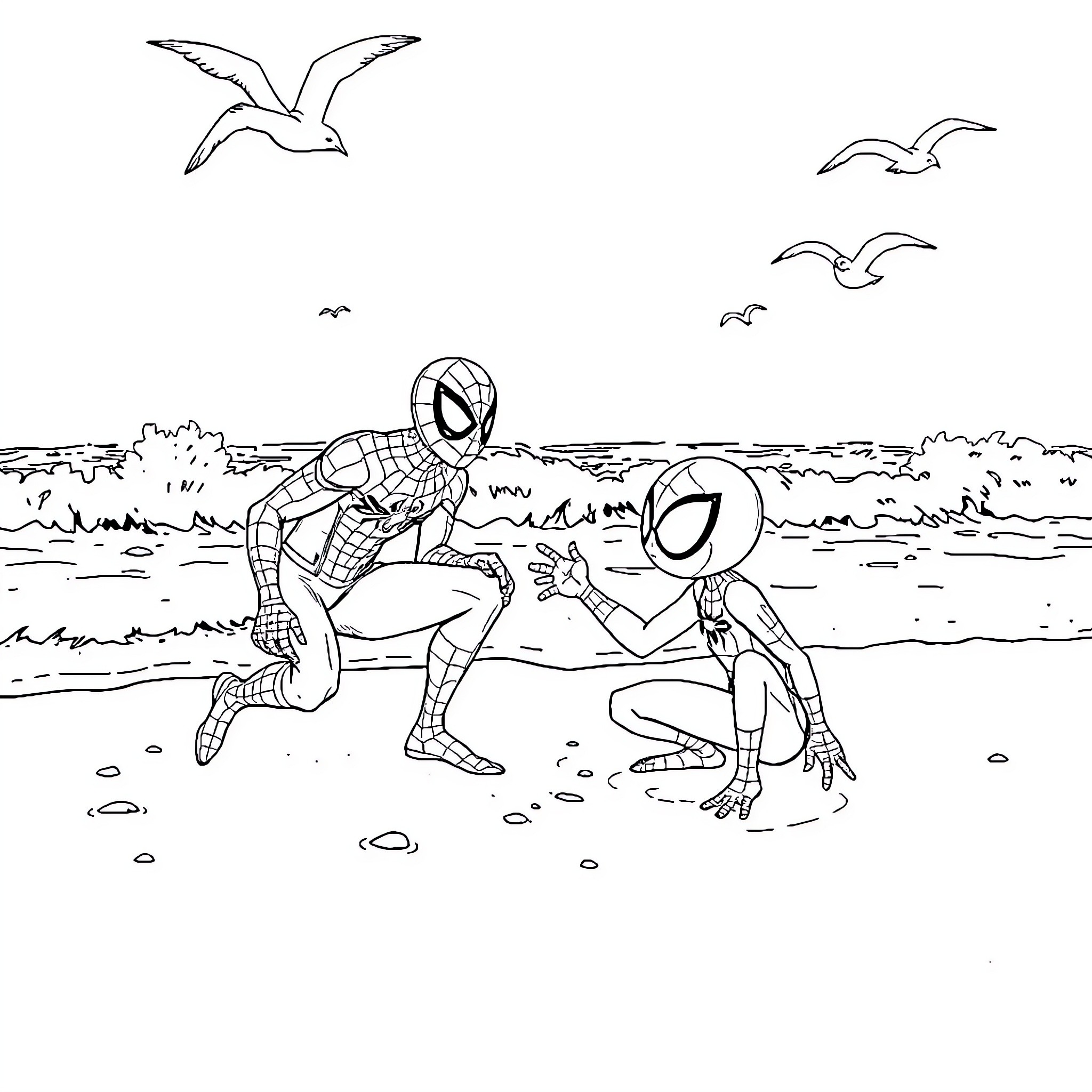 Spiderman and friends battling on the beach Coloring Page (free black-and-white line drawing printable PDF for all, from beginners to advanced learners, including children, teens, adults, and seniors)