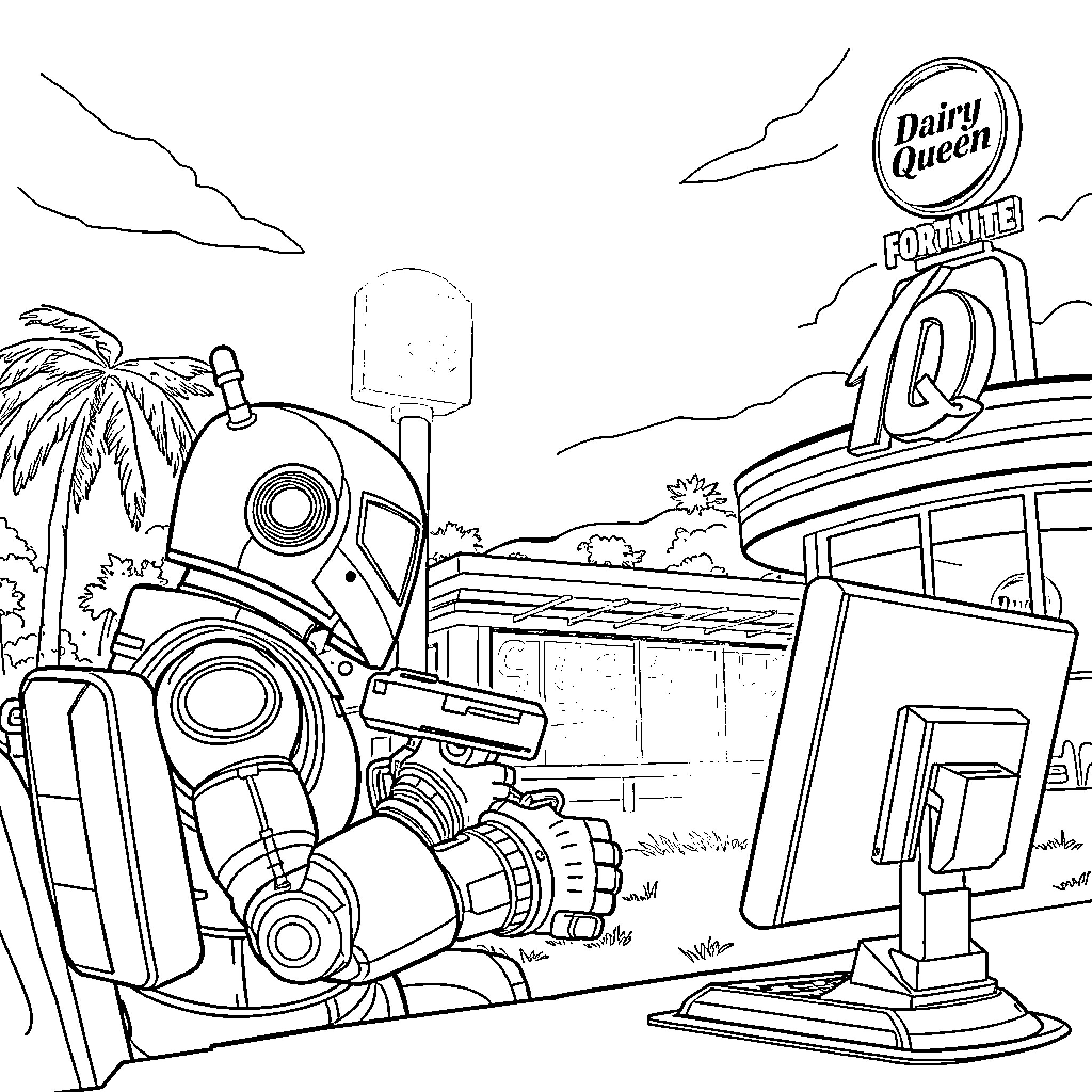 Fortnite characters and scenery in a black and white illustration Coloring Page (free black-and-white line drawing printable PDF for all, from beginners to advanced learners, including children, teens, adults, and seniors)