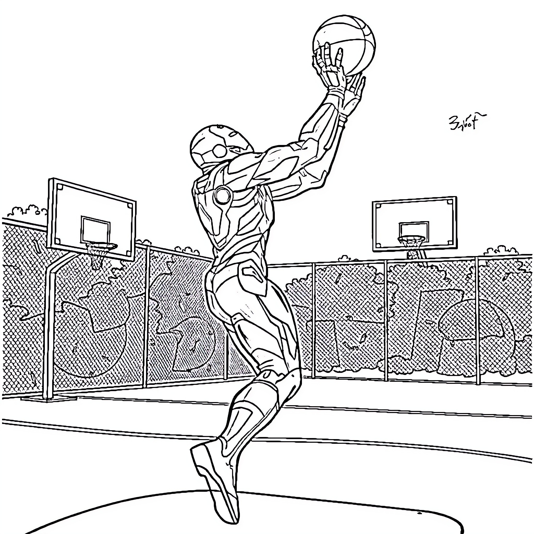 Iron Man dunking a basketball on a court Coloring Page (free black-and-white line drawing printable PDF for all, from beginners to advanced learners, including children, teens, adults, and seniors)