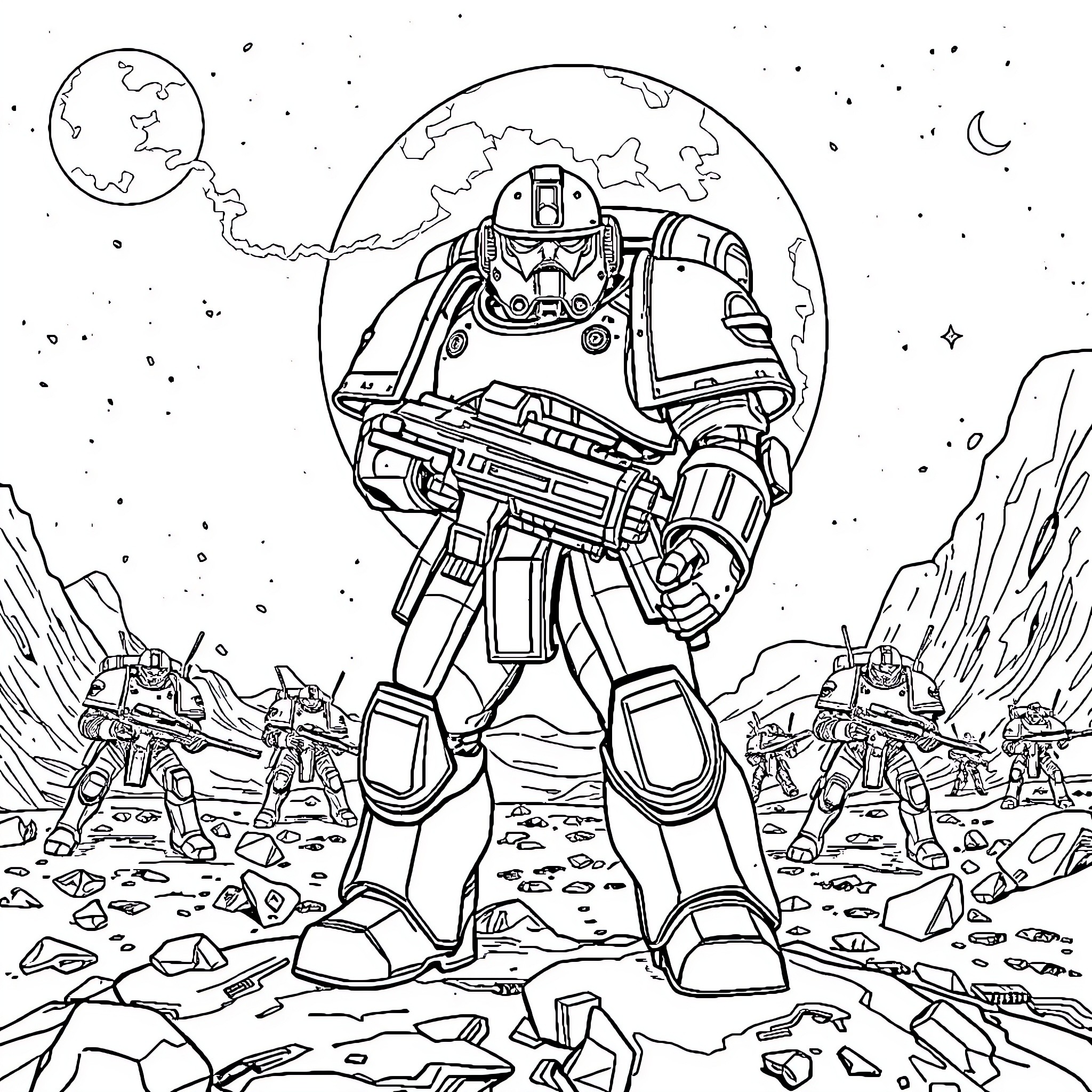 Spacemare Warrior Stands Tall on Alien Battlefield Coloring Page (free black-and-white line drawing printable PDF for all, from beginners to advanced learners, including children, teens, adults, and seniors)
