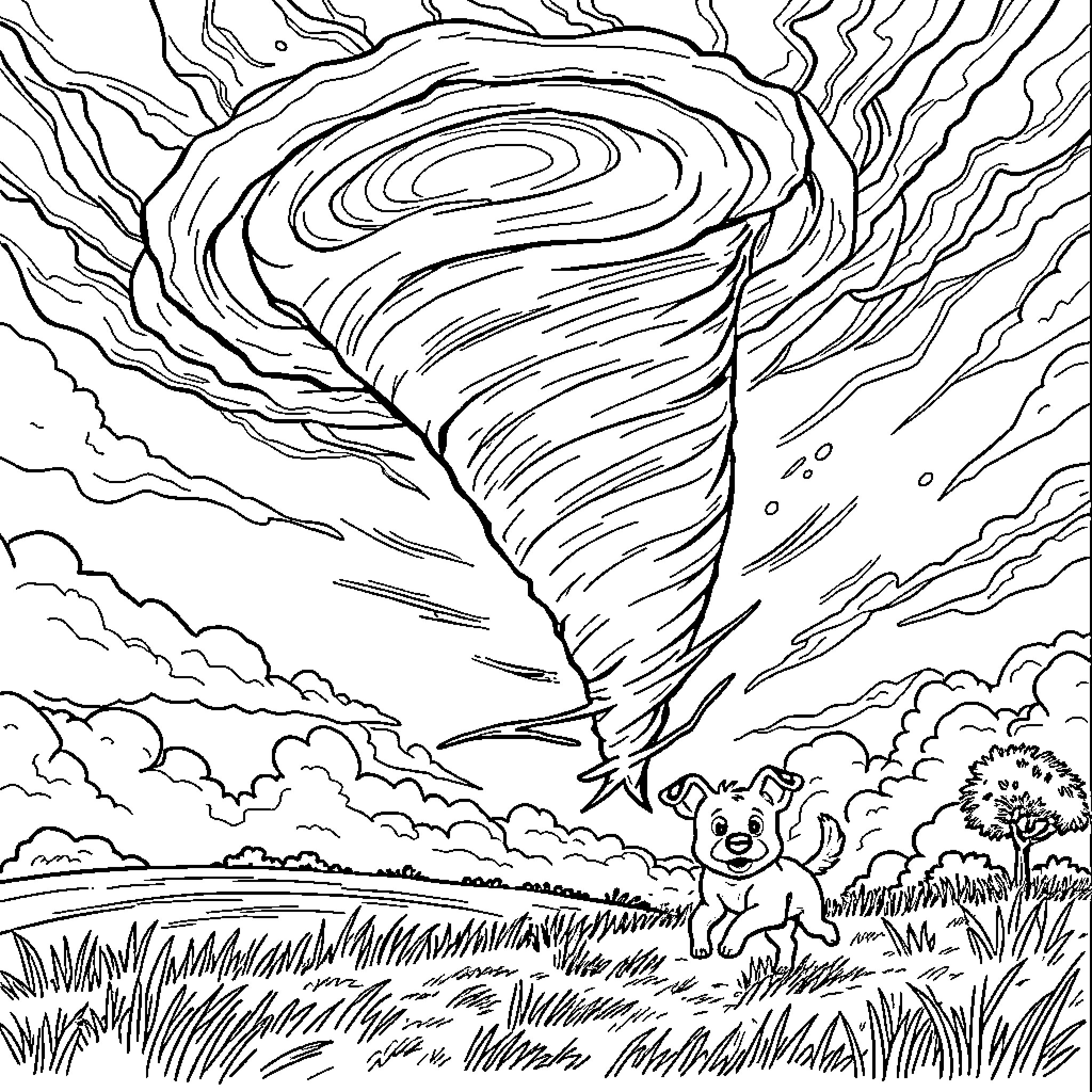 Tornado ripping through the countryside with a frightened animal Coloring Page (free black-and-white line drawing printable PDF for all, from beginners to advanced learners, including children, teens, adults, and seniors)