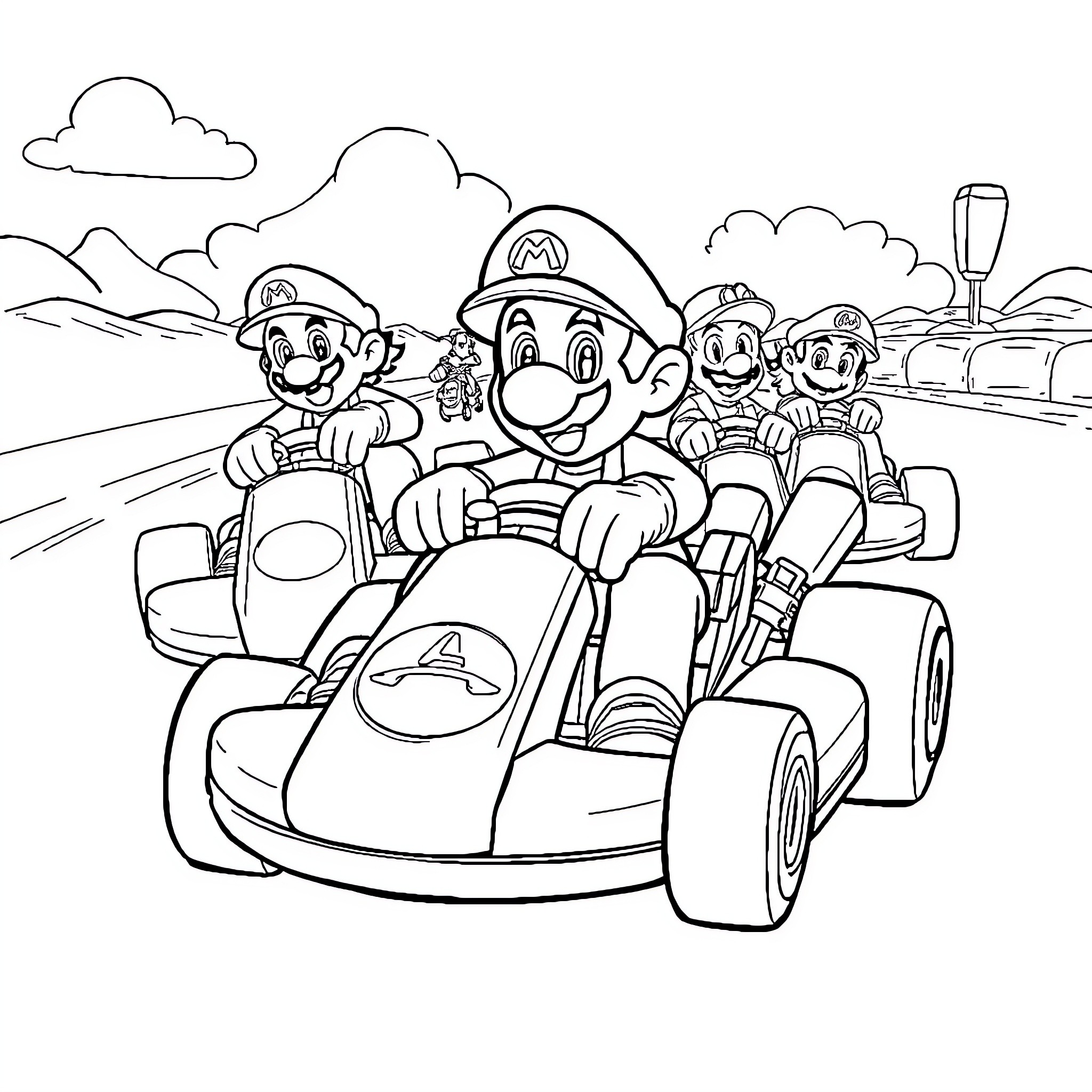 Mario Kart Racers Speeding Through the Course Coloring Page (free black-and-white line drawing printable PDF for all, from beginners to advanced learners, including children, teens, adults, and seniors)
