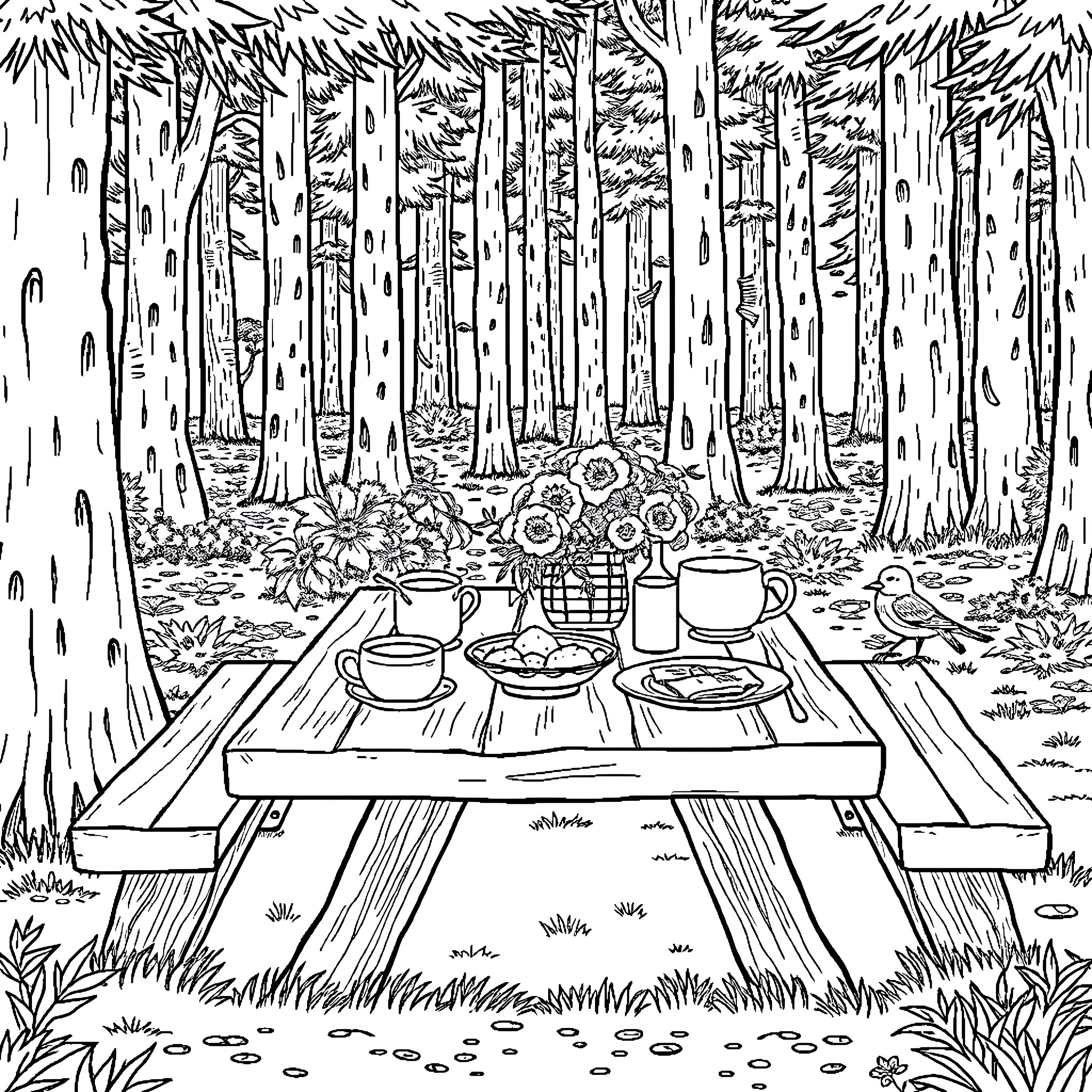 Brunch in the Enchanted Forest Coloring Page (free black-and-white line drawing printable PDF for all, from beginners to advanced learners, including children, teens, adults, and seniors)