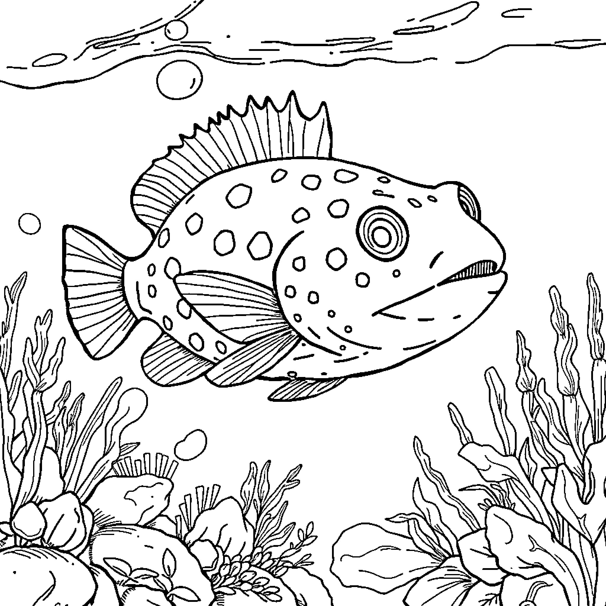 Pufferfish swimming in vibrant underwater scene Coloring Page (free black-and-white line drawing printable PDF for all, from beginners to advanced learners, including children, teens, adults, and seniors)