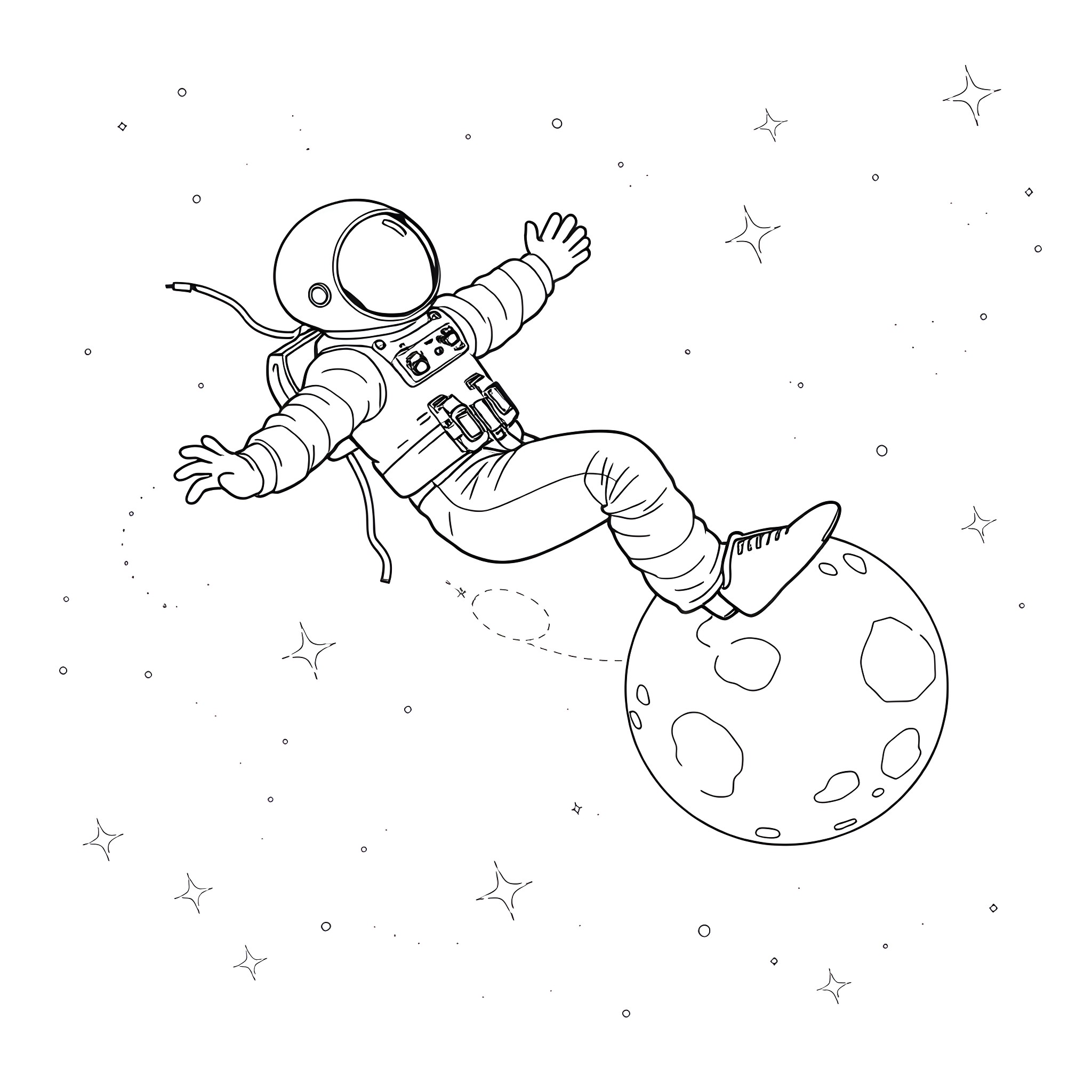 Astronaut exploring the moon's surface Coloring Page (free black-and-white line drawing printable PDF for all, from beginners to advanced learners, including children, teens, adults, and seniors)